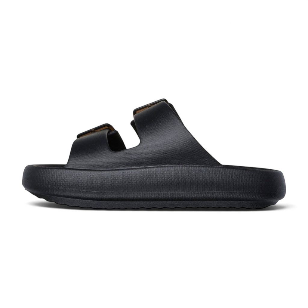 FRG Skechers Foamies Arch Fit Horizon Wind Down black double-band slide sandal with arch support, side view