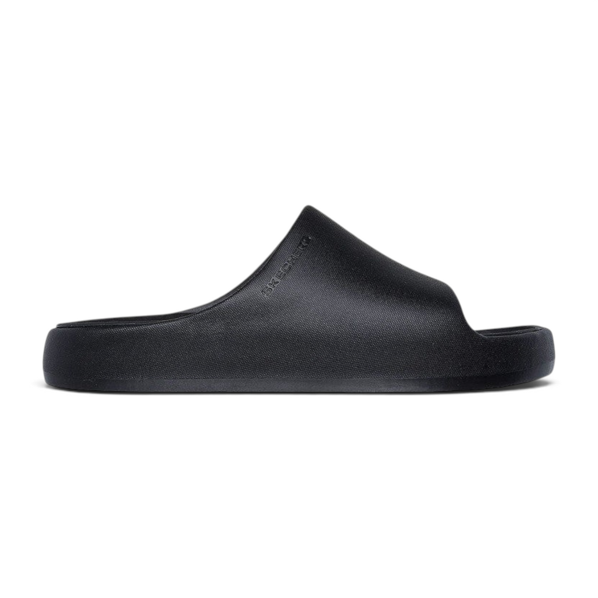 FRG Skechers Foamies Precision Elite black monochromatic vegan slide with a sculpted upper and cushioned footbed