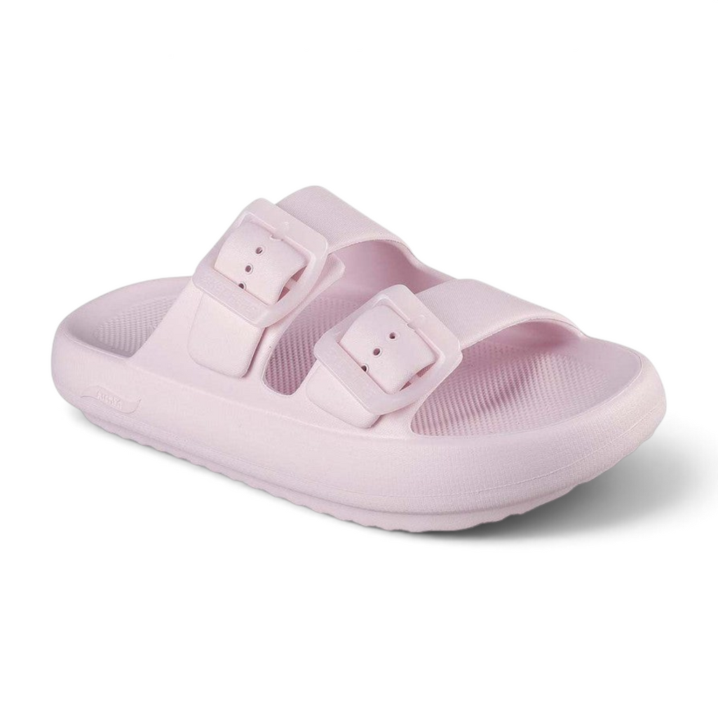 FRG Skechers Foamies Arch Fit dual-band slide sandals in blush pink with adjustable buckle straps