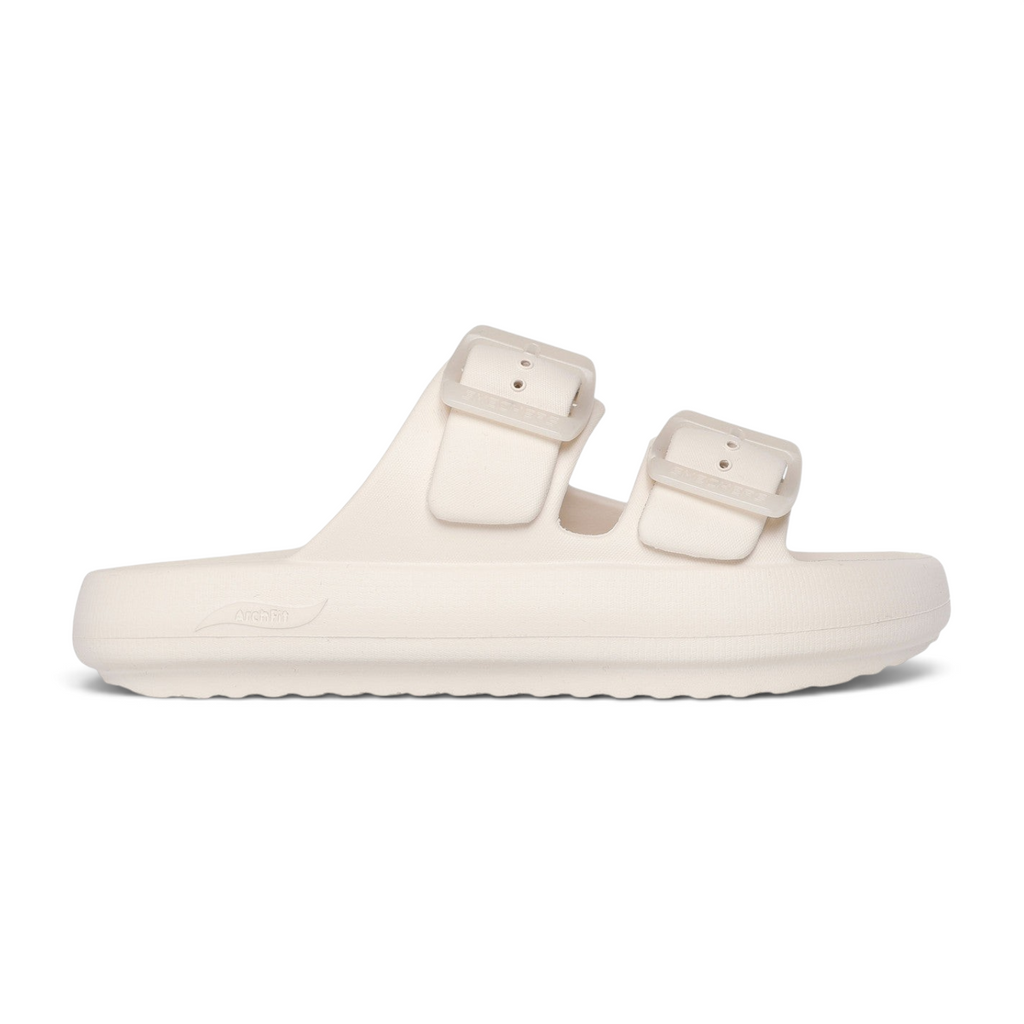 FRG Skechers Foamies Arch Fit dual-band slide sandals in natural foam with adjustable buckles and arch support.