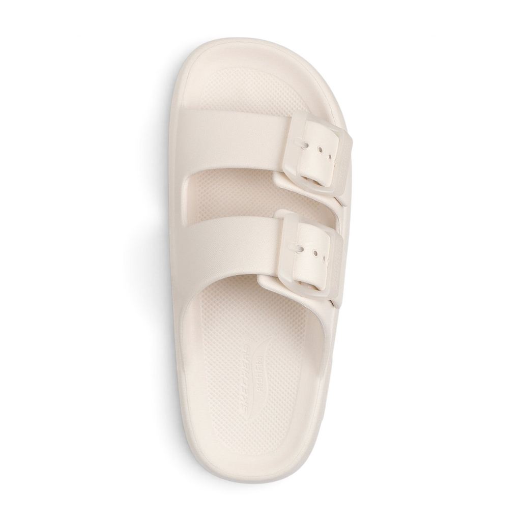FRG Skechers Foamies Arch Fit dual-band slide sandal in natural foam with adjustable buckles and arch support