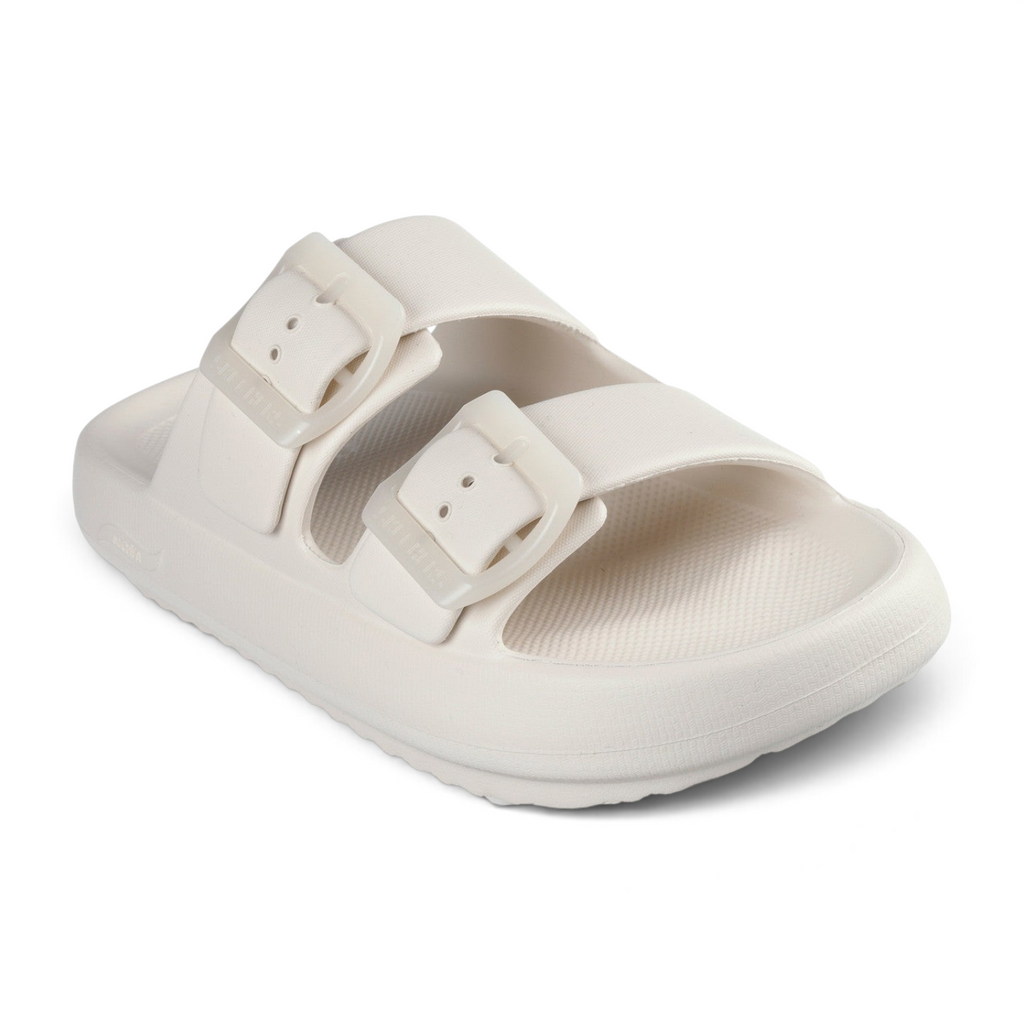 FRG Skechers Foamies Arch Fit dual-band slide sandals in natural beige lightweight foam with adjustable buckles