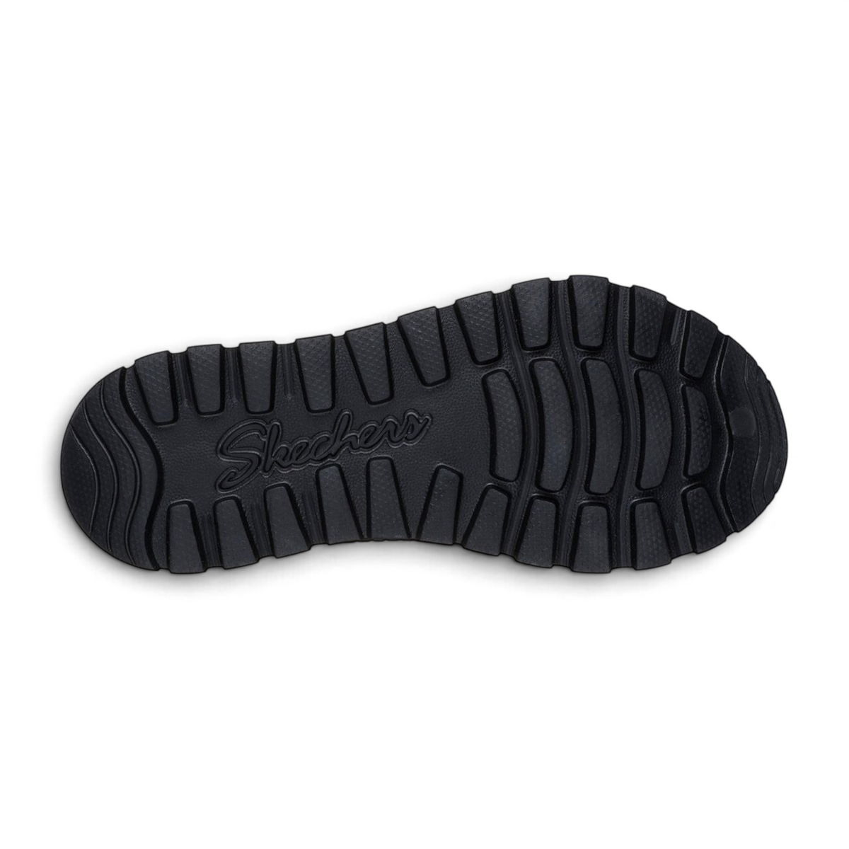 Black Skechers Foamies Arch Fit Footsteps sandal outsole with a durable, textured tread pattern.