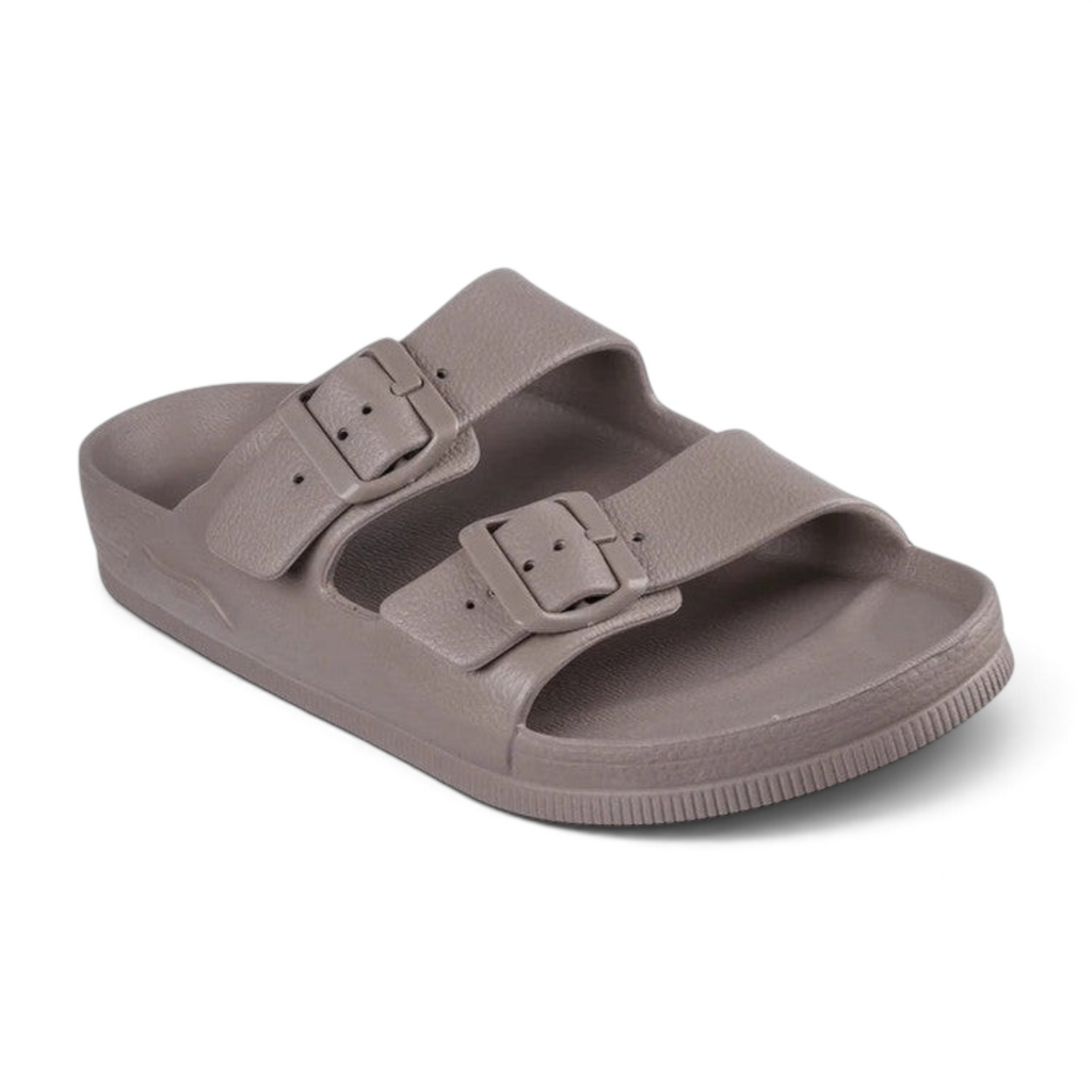 FRG Skechers Foamies Arch Fit Cali Surf water-friendly taupe slide sandals with dual adjustable buckle straps