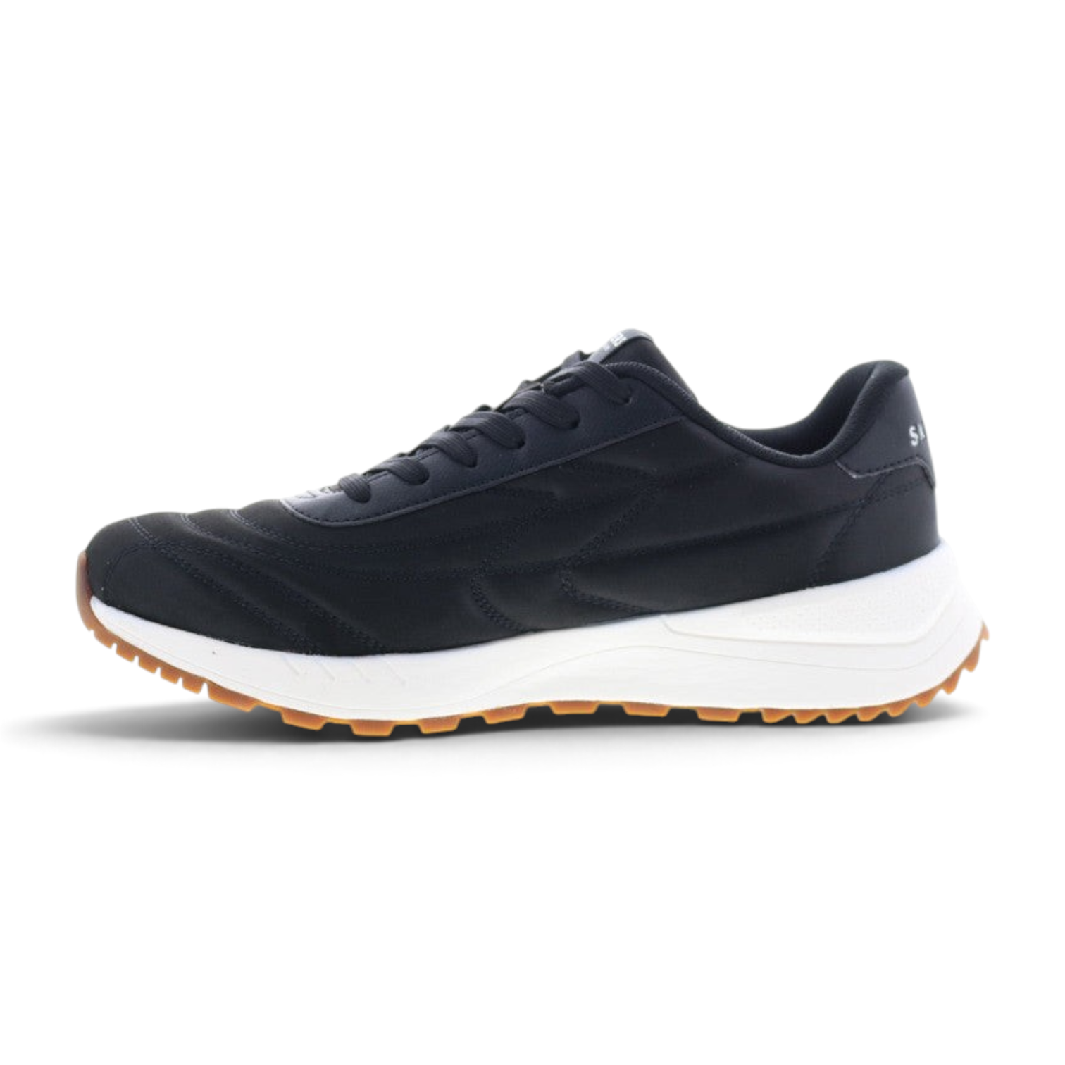 FRG Skechers Fury Plush Waves black lifestyle sneaker with a white midsole and gum rubber outsole side view