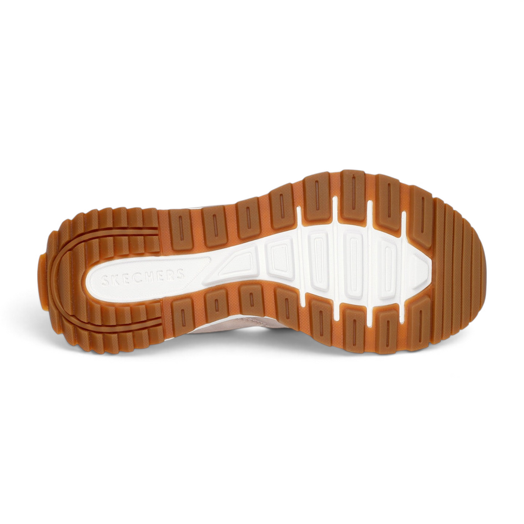 FRG Skechers Fury Plush Waves taupe sneaker showing the brown and white shock-absorbing rubber outsole tread pattern