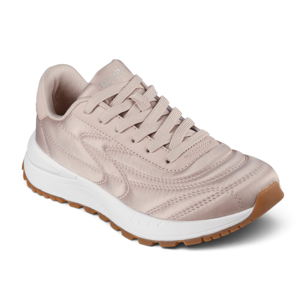 FRG Skechers Fury Plush Waves taupe satin-finish lace-up jogger sneakers with white cushioned midsole and gum outsole