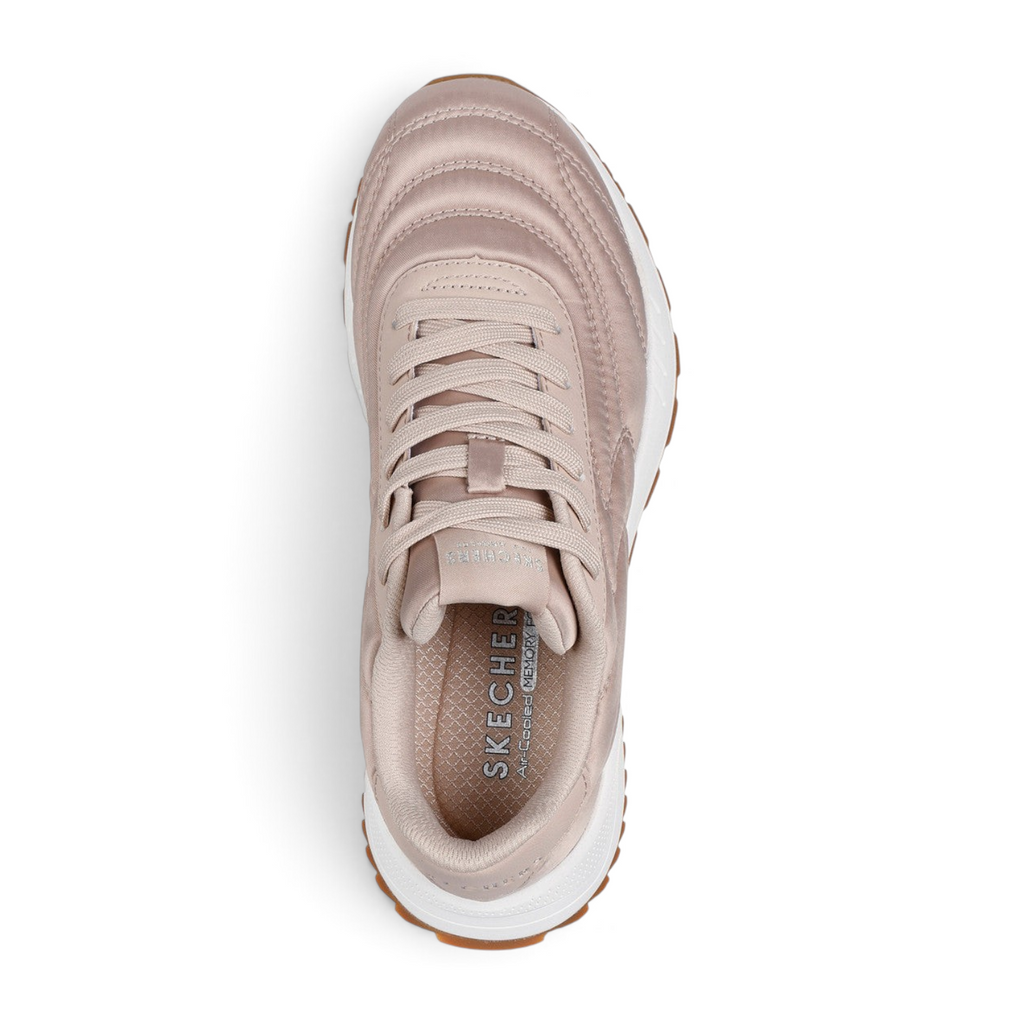 FRG Skechers Fury Plush Waves taupe satin lace-up jogger sneakers with cushioned white sole, top-down view