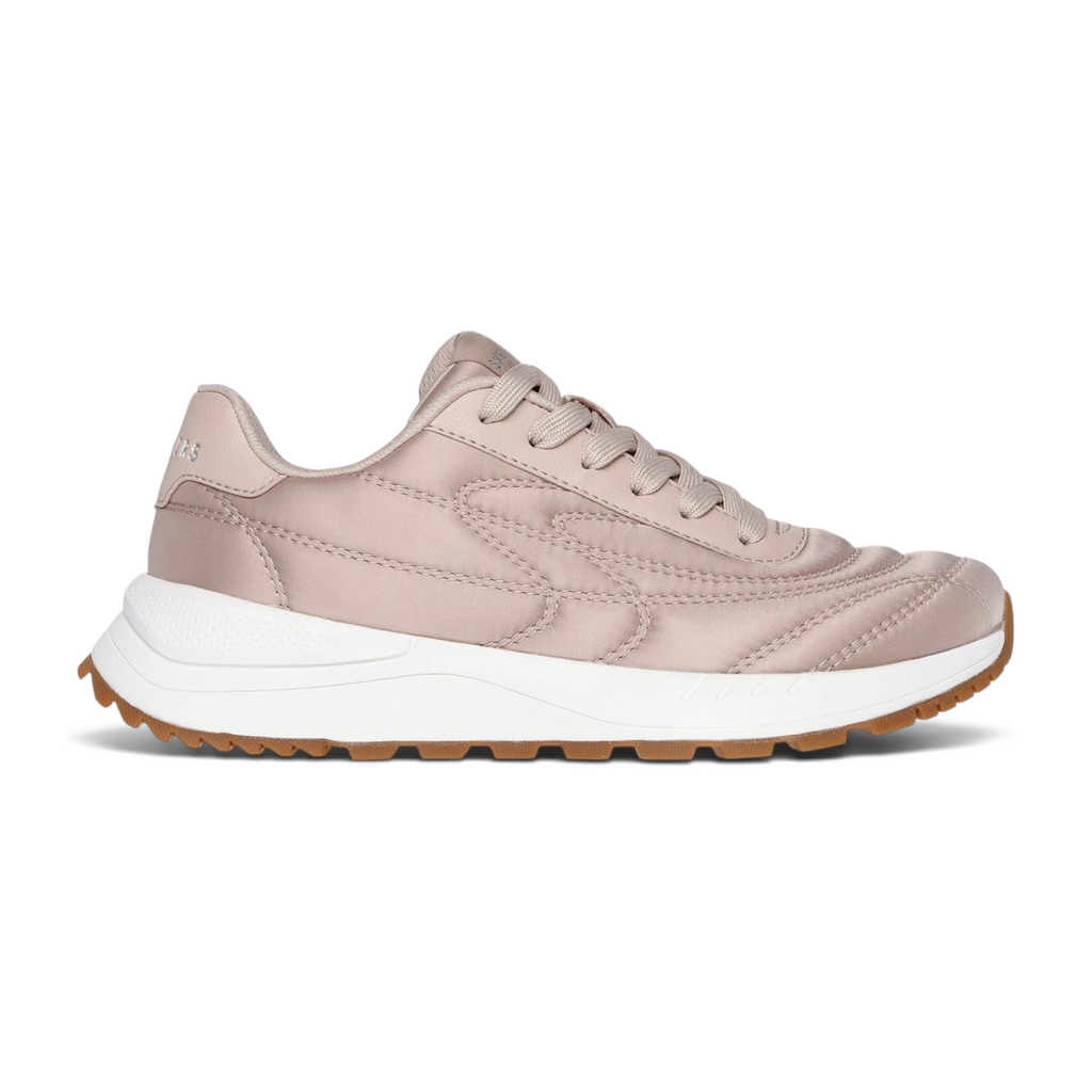 FRG Skechers Fury Plush Waves taupe satin-finish lace-up jogger with a white cushioned midsole and gum rubber outsole.