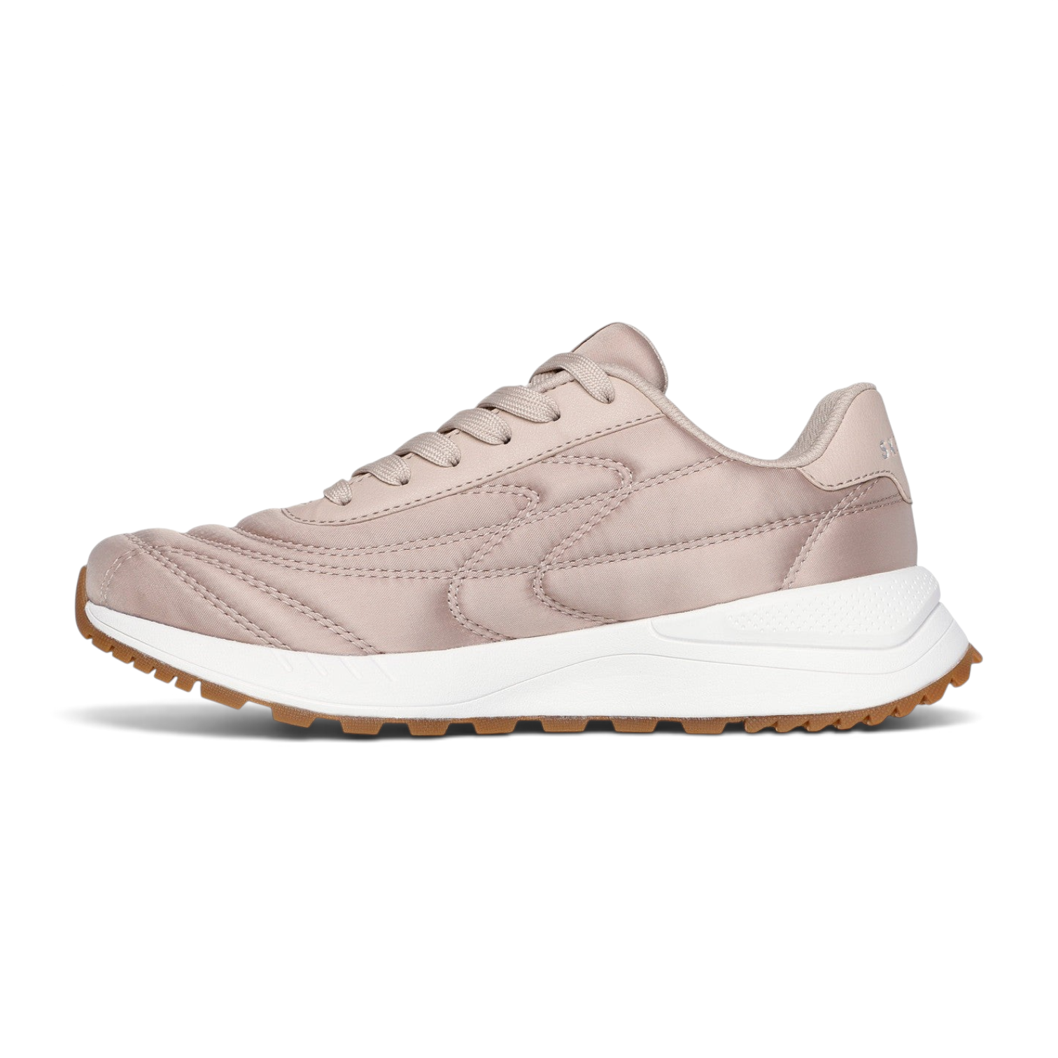 FRG Skechers Fury Plush Waves taupe satin-finish lace-up jogger sneakers with white cushioned midsole