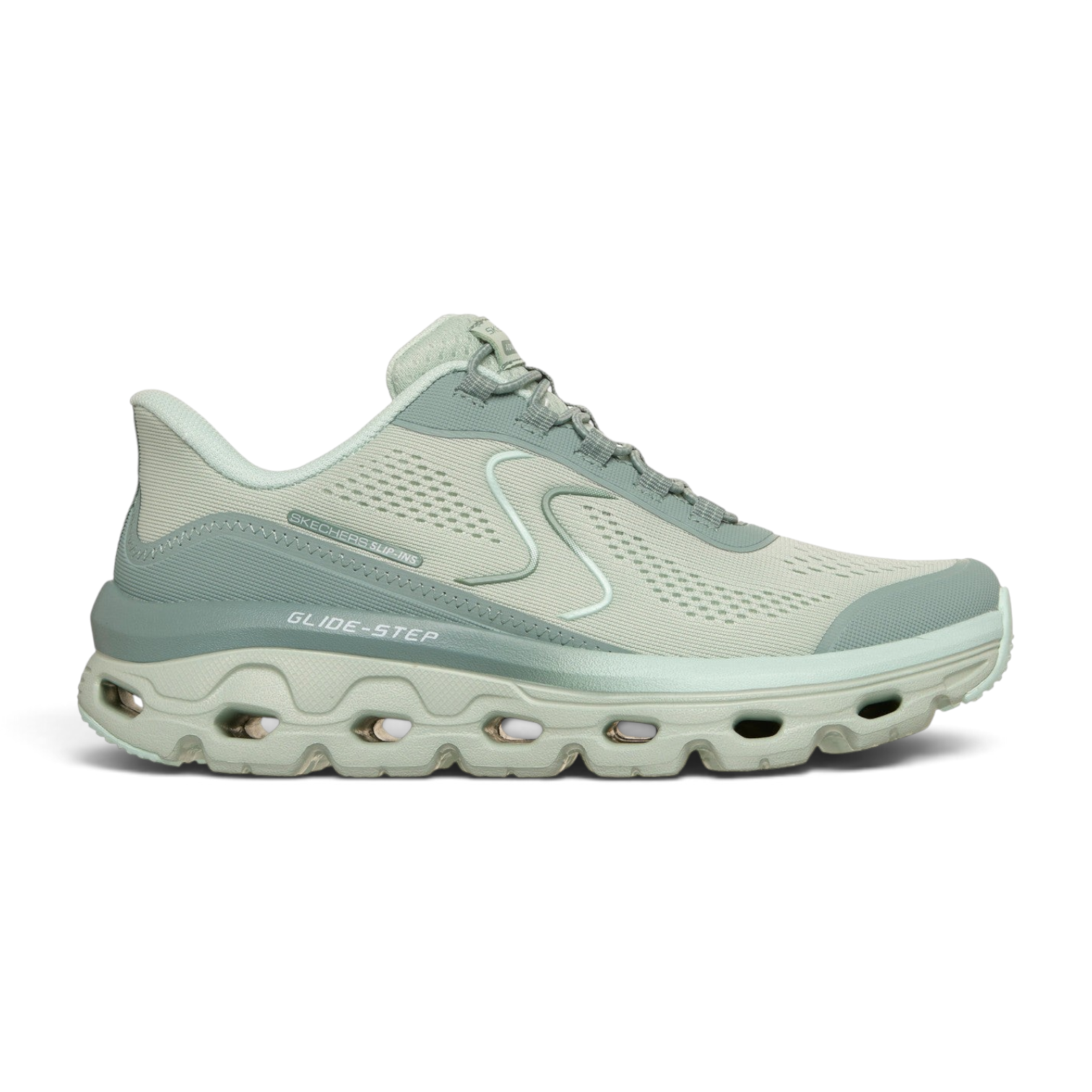 FRG Skechers Glide-Step green mesh walking sneaker with cushioned midsole and flexible outsole for casual wear
