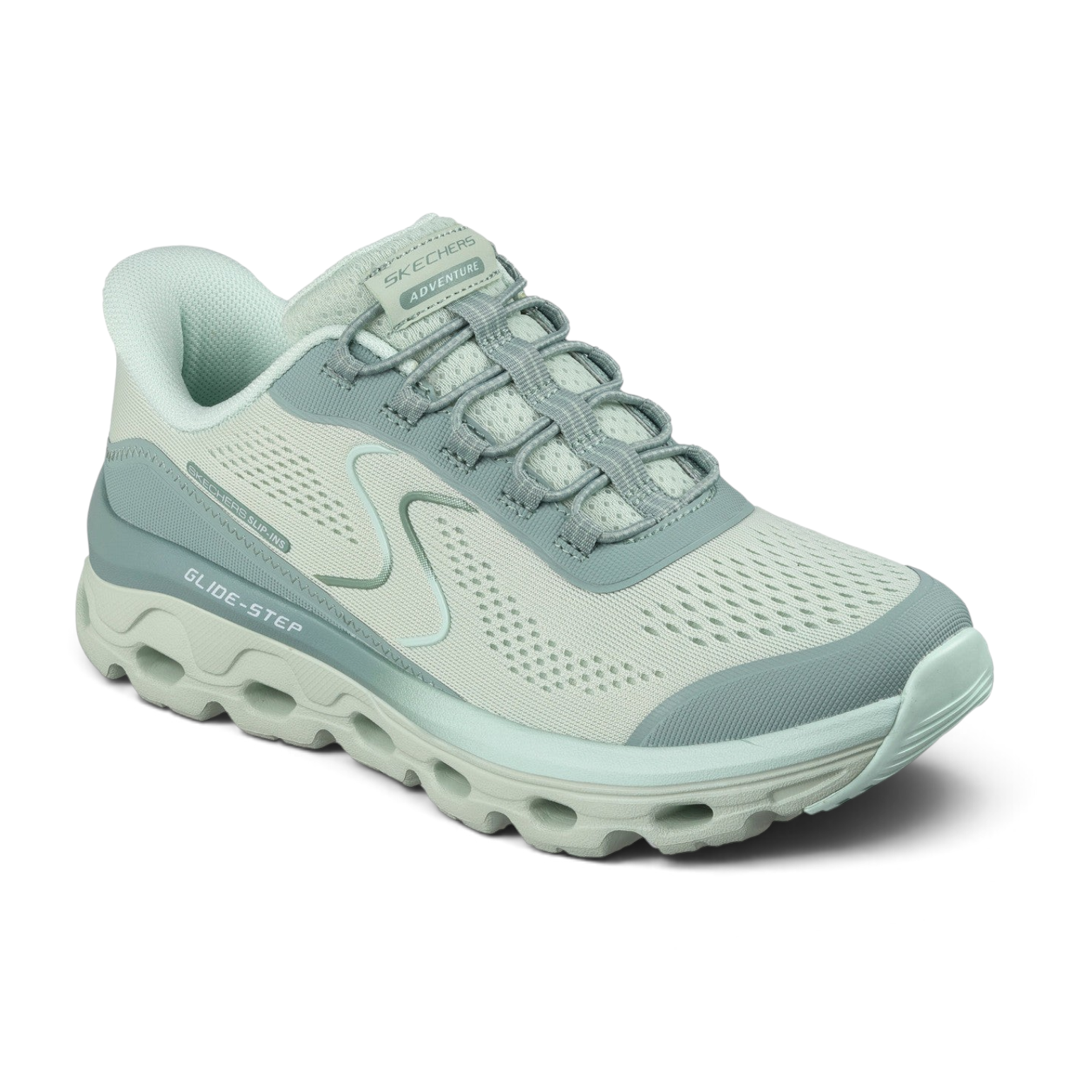 FRG Skechers Glide-Step green mesh walking sneakers with cushioned midsole and breathable synthetic upper