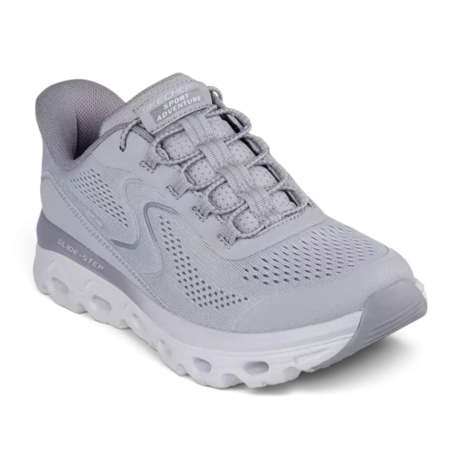 FRG Skechers Glide-Step light gray walking sneakers with breathable mesh upper and cushioned shock-absorbing midsole.