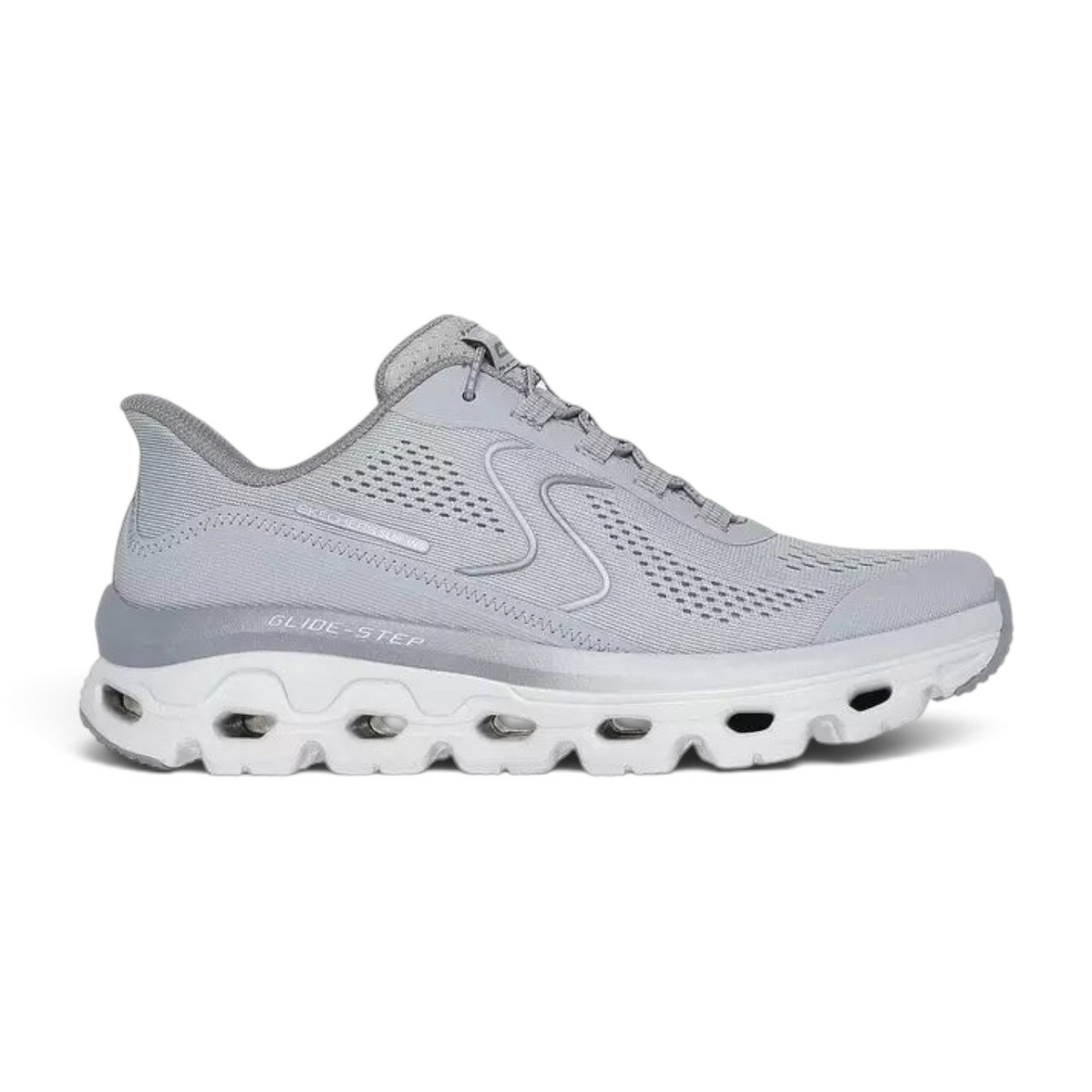 FRG Skechers Glide-Step light gray walking sneakers with breathable mesh upper and cushioned geometric midsole.