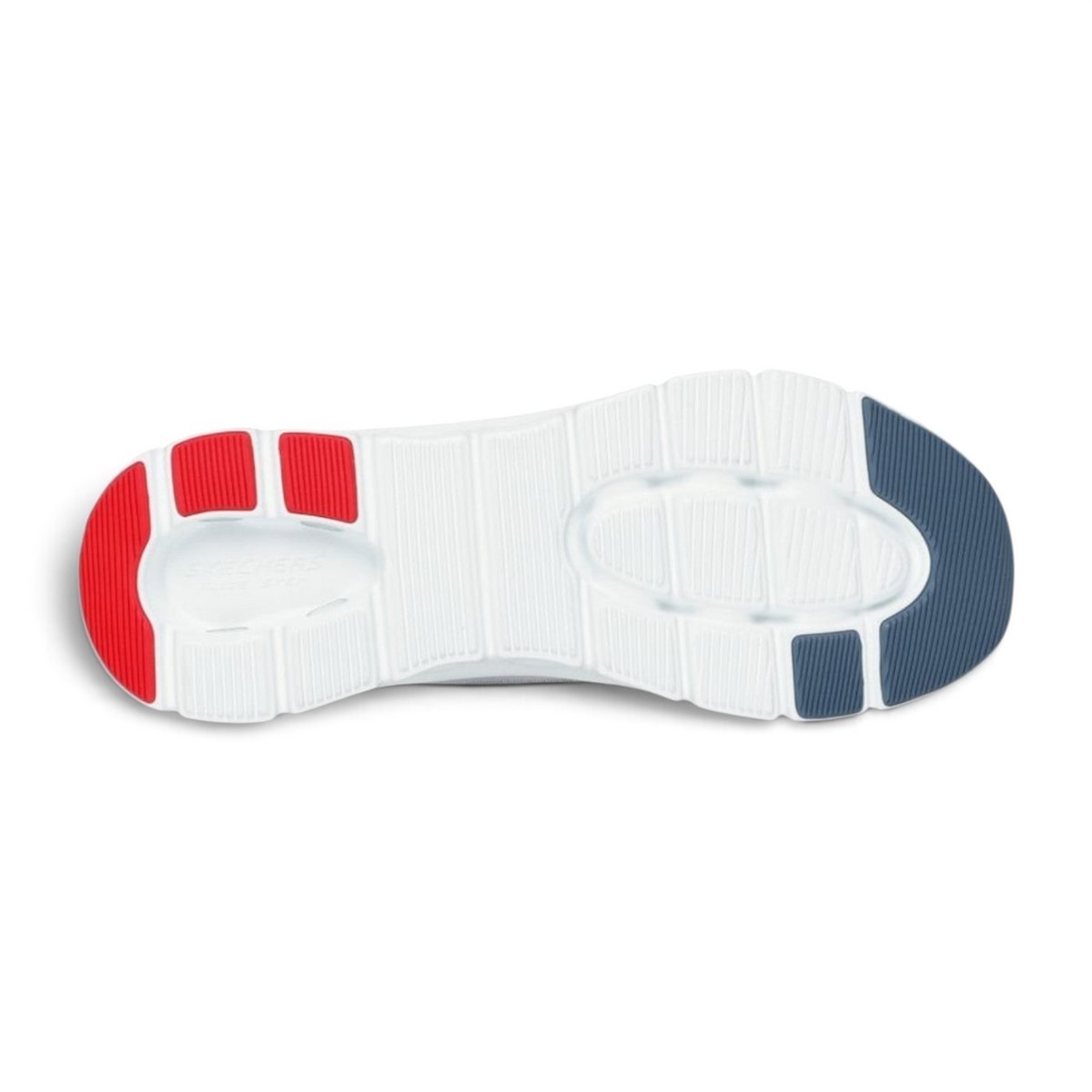FRG Skechers Arch Fit Glide-Step Pro sneaker outsole featuring white geometric cushioning with red and blue accents.