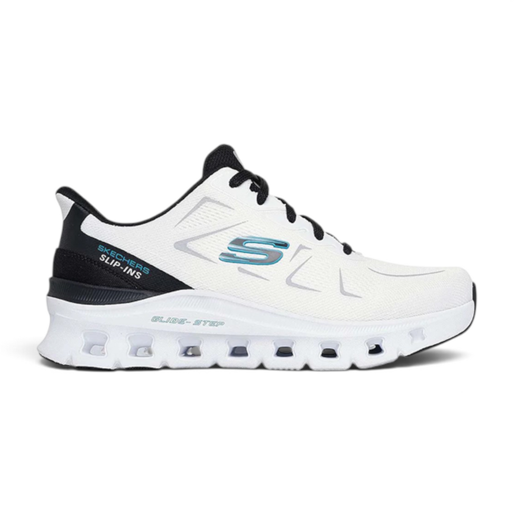 FRG Skechers Glide-Step Pro Vextra white and black mesh slip-on sneaker with geometric cushioned midsole