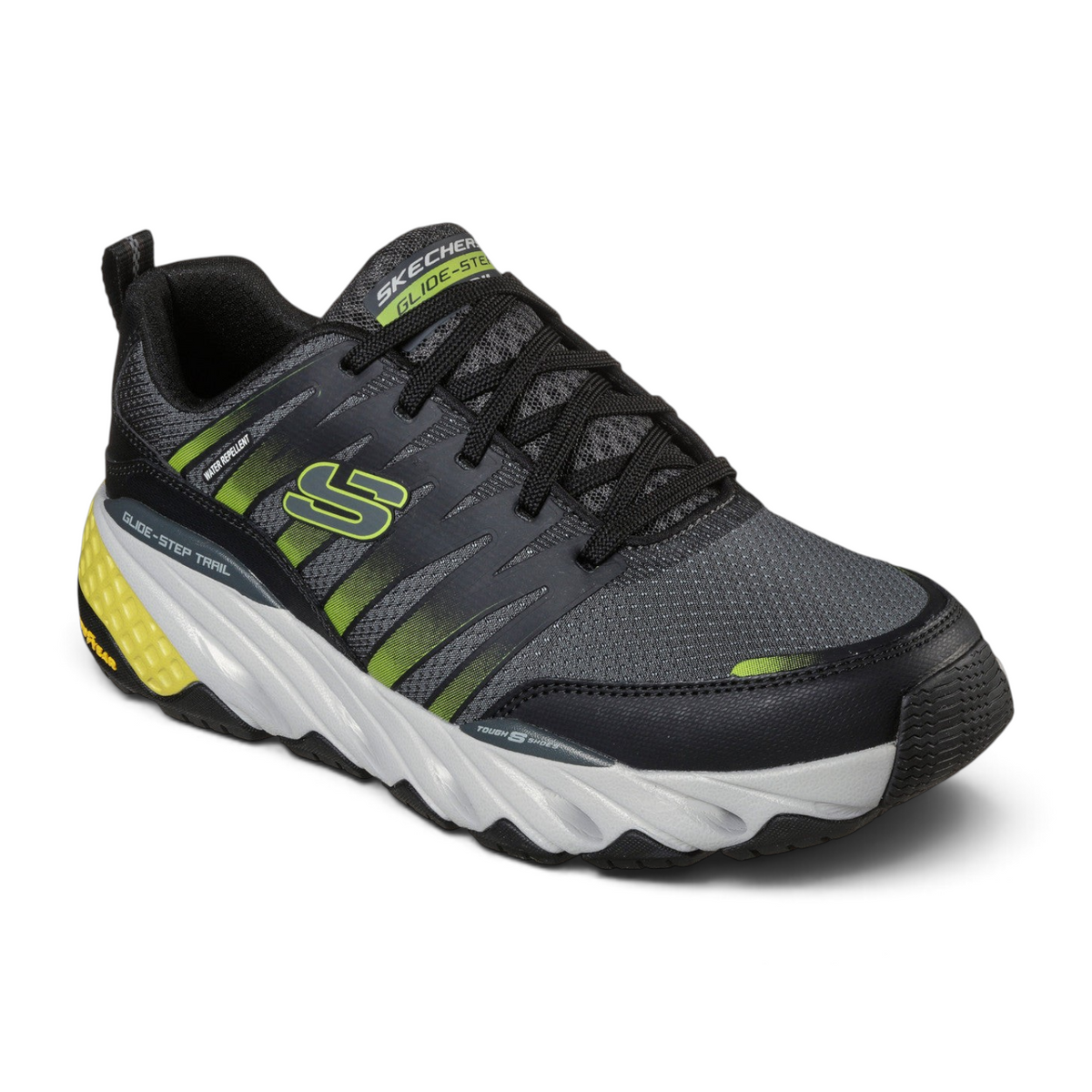 FRG Skechers Glide-Step Trail black lace-up hiking shoe with lime green accents and rugged Goodyear rubber outsole.