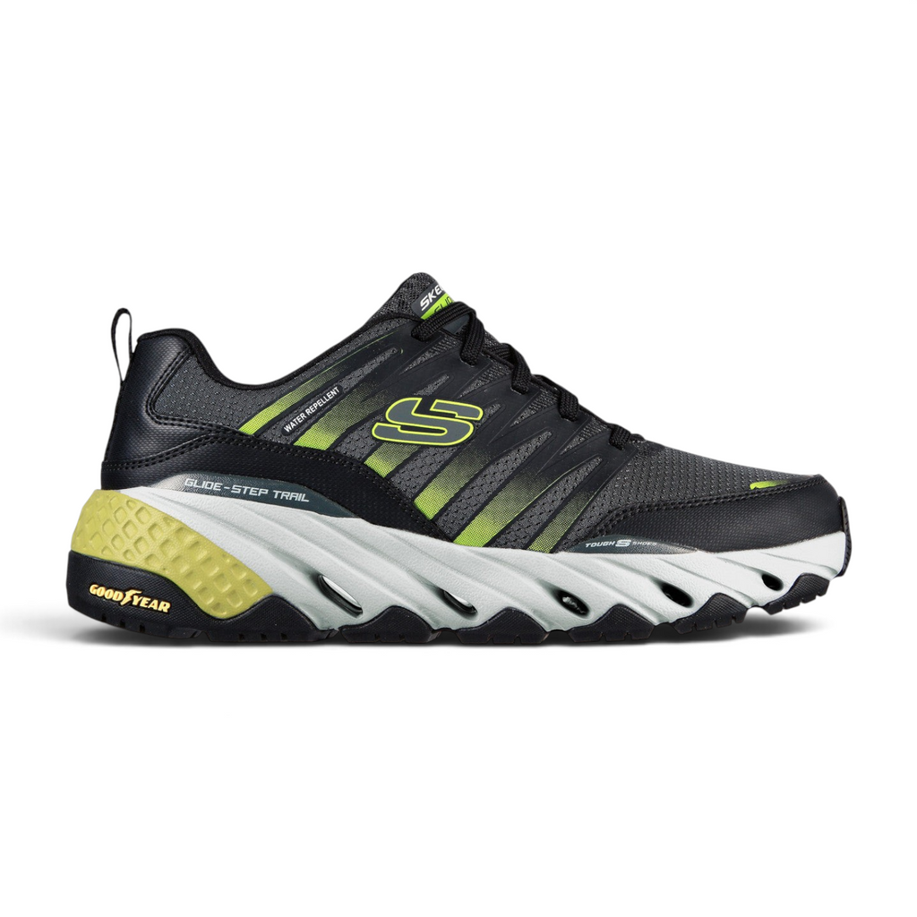 FRG Skechers Glide-Step Trail black lace-up shoe with lime green accents and Goodyear performance rubber outsole.