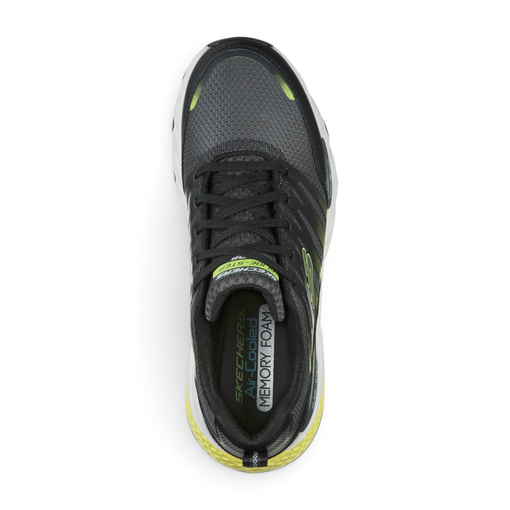 FRG Skechers Glide-Step Trail black lace-up shoe with lime green accents and memory foam insole, top view.