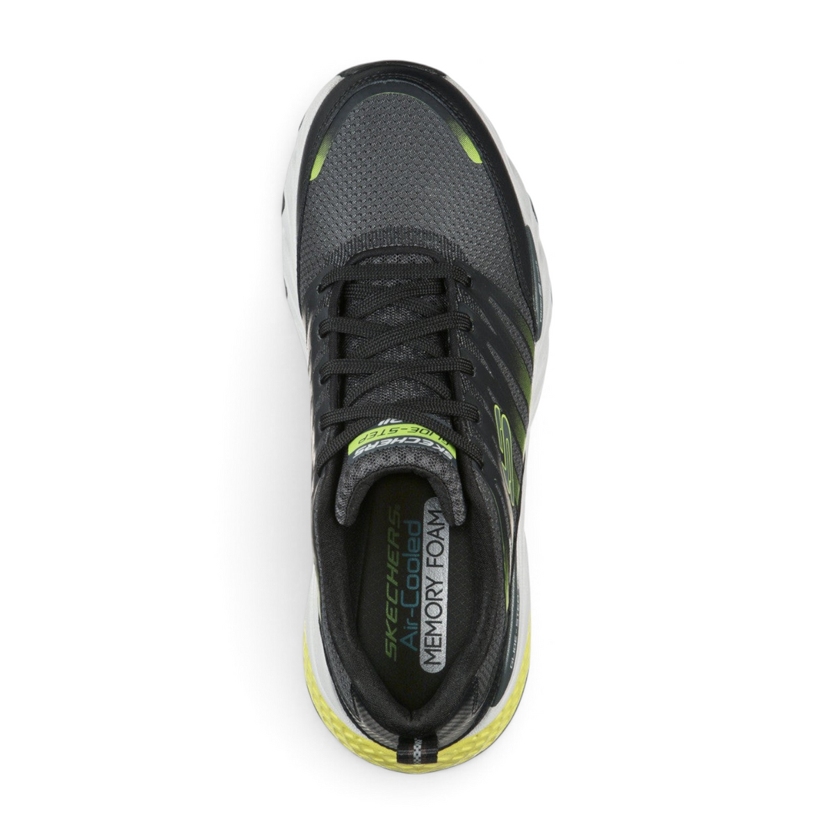 FRG Skechers Glide-Step Trail black lace-up shoe with lime green accents and memory foam insole, top view.
