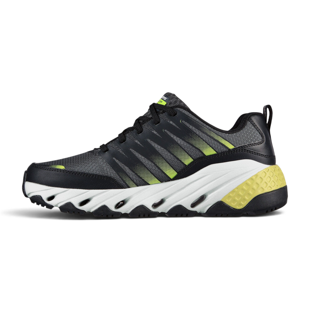 FRG Skechers Glide-Step Trail black lace-up sneaker with lime green accents and a thick white cushioned sole
