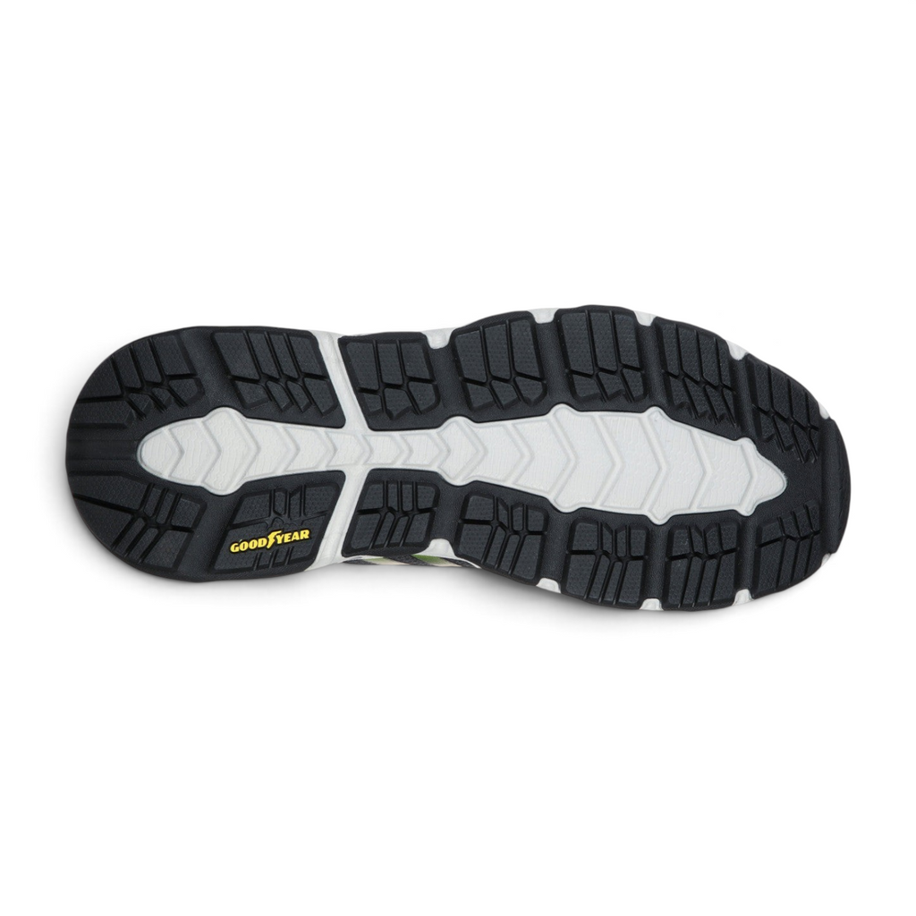 FRG Skechers Glide-Step Trail black shoe outsole with Goodyear rubber traction tread pattern