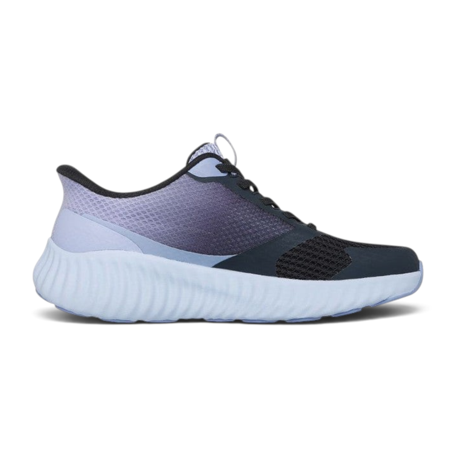FRG Skechers GO RUN Now Starfuse sneaker in black and lavender with breathable mesh and cushioned white sole