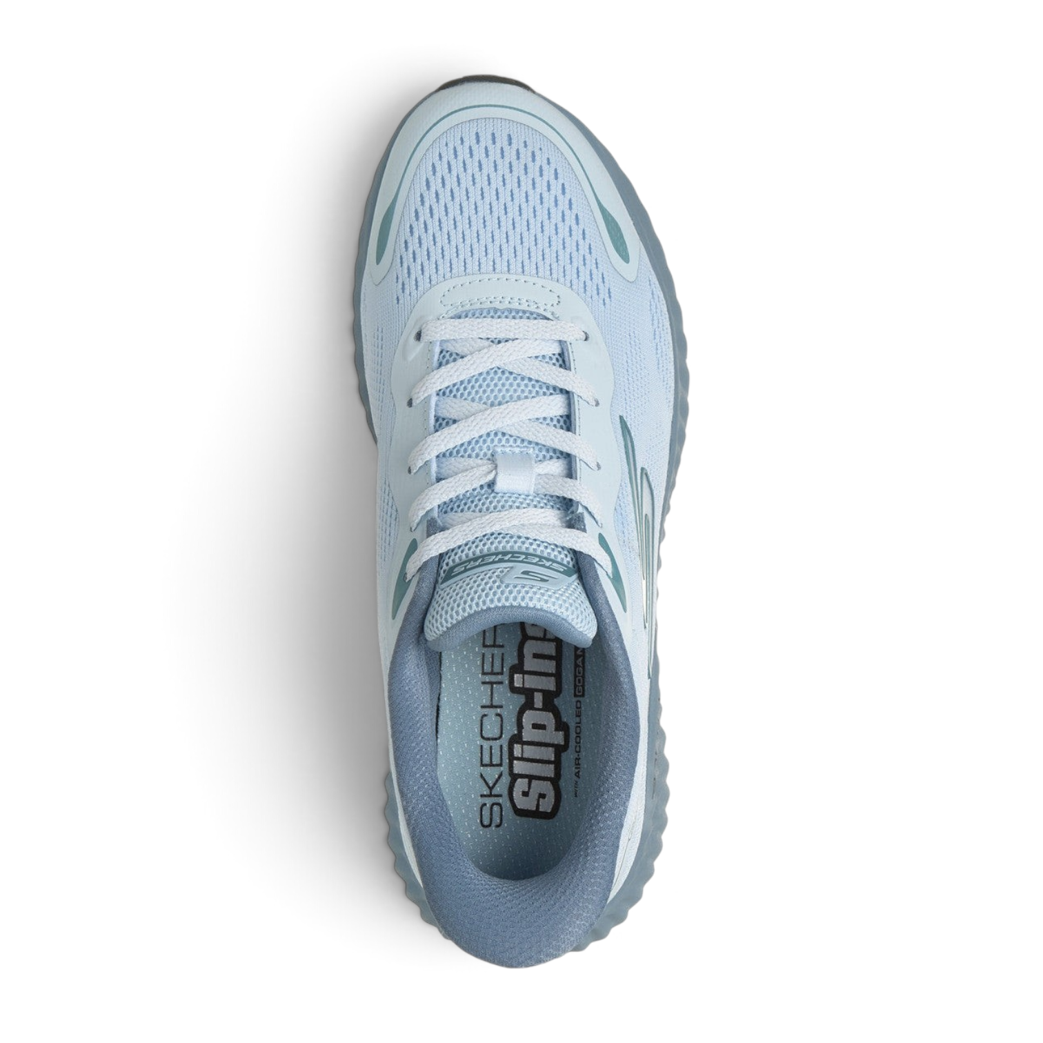 FRG Skechers GO Run Now Regent light blue breathable hands-free running shoe, top view.