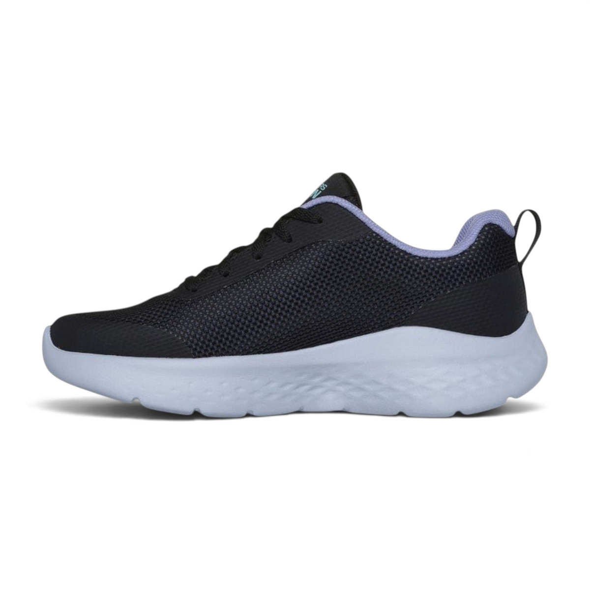 FRG Skechers Go Run Lite running sneaker in black mesh with lavender accents and a cushioned white midsole