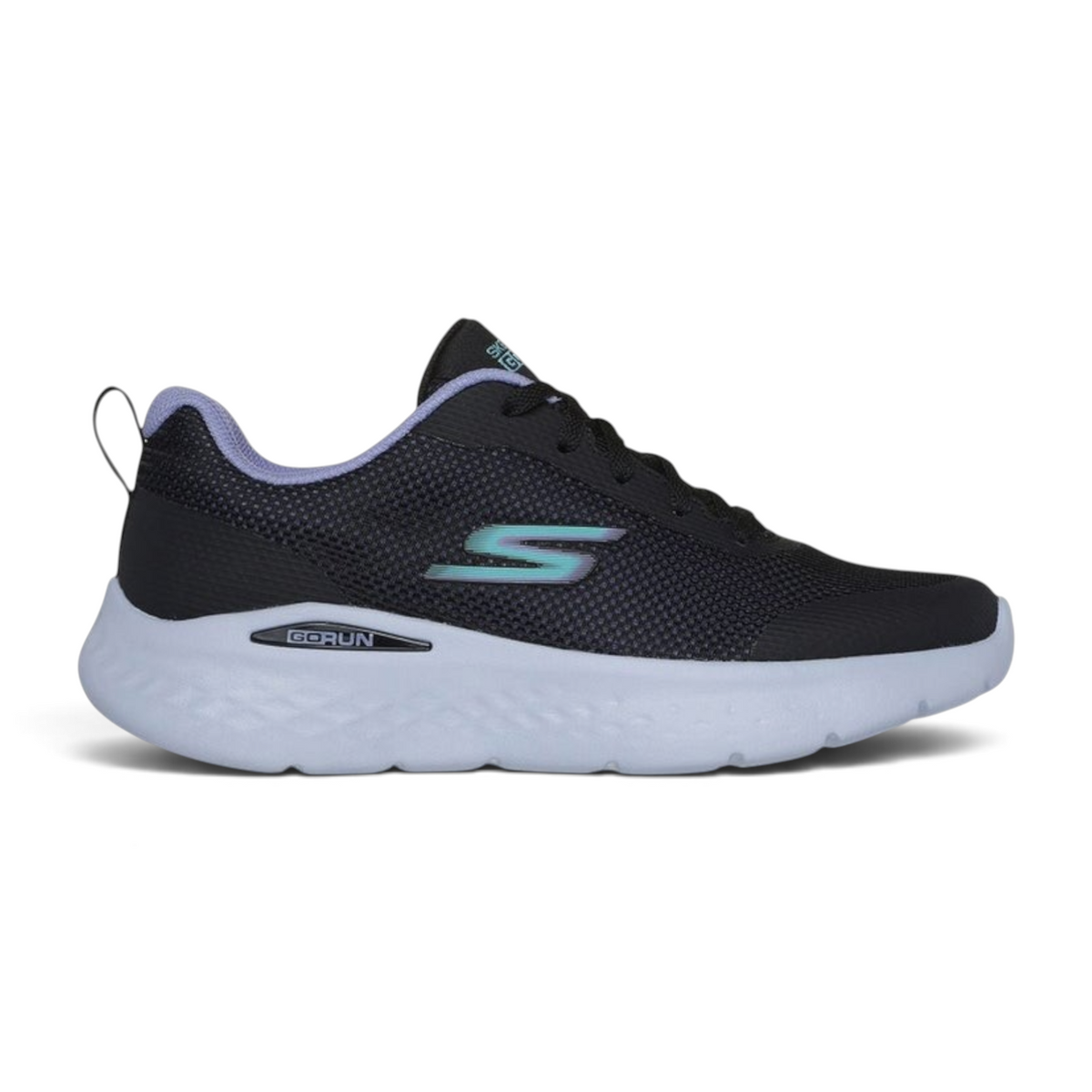 FRG Skechers Go Run Lite running sneaker in black mesh with lavender accents and a cushioned white midsole.