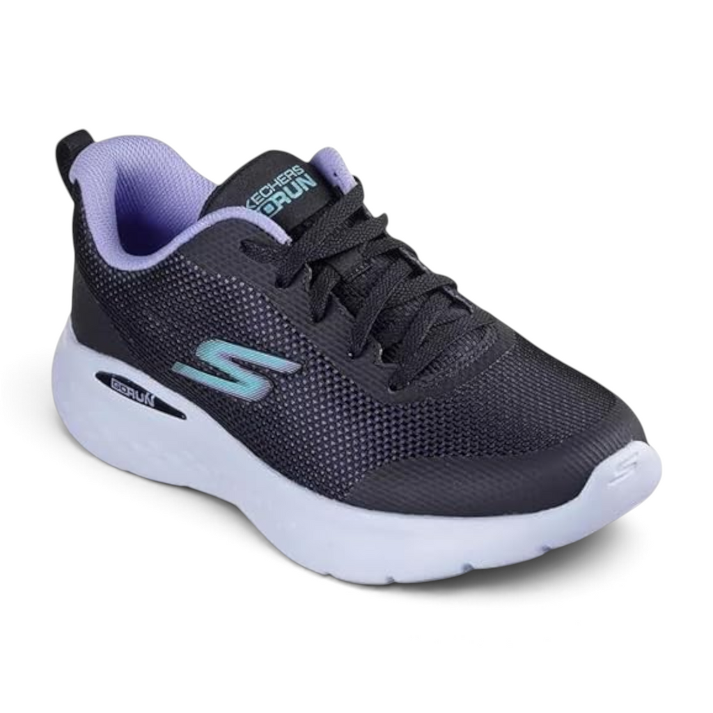 FRG Skechers Go Run Lite running sneaker in black mesh with lavender lining and cushioned white sole