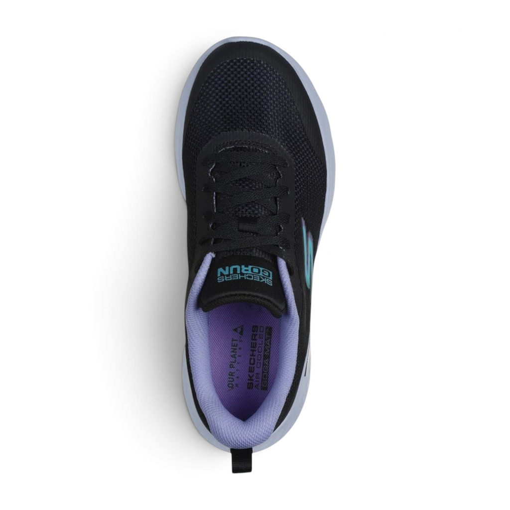 FRG Skechers Go Run Lite running sneaker in black with lavender lining and cushioned sole, top-down view.