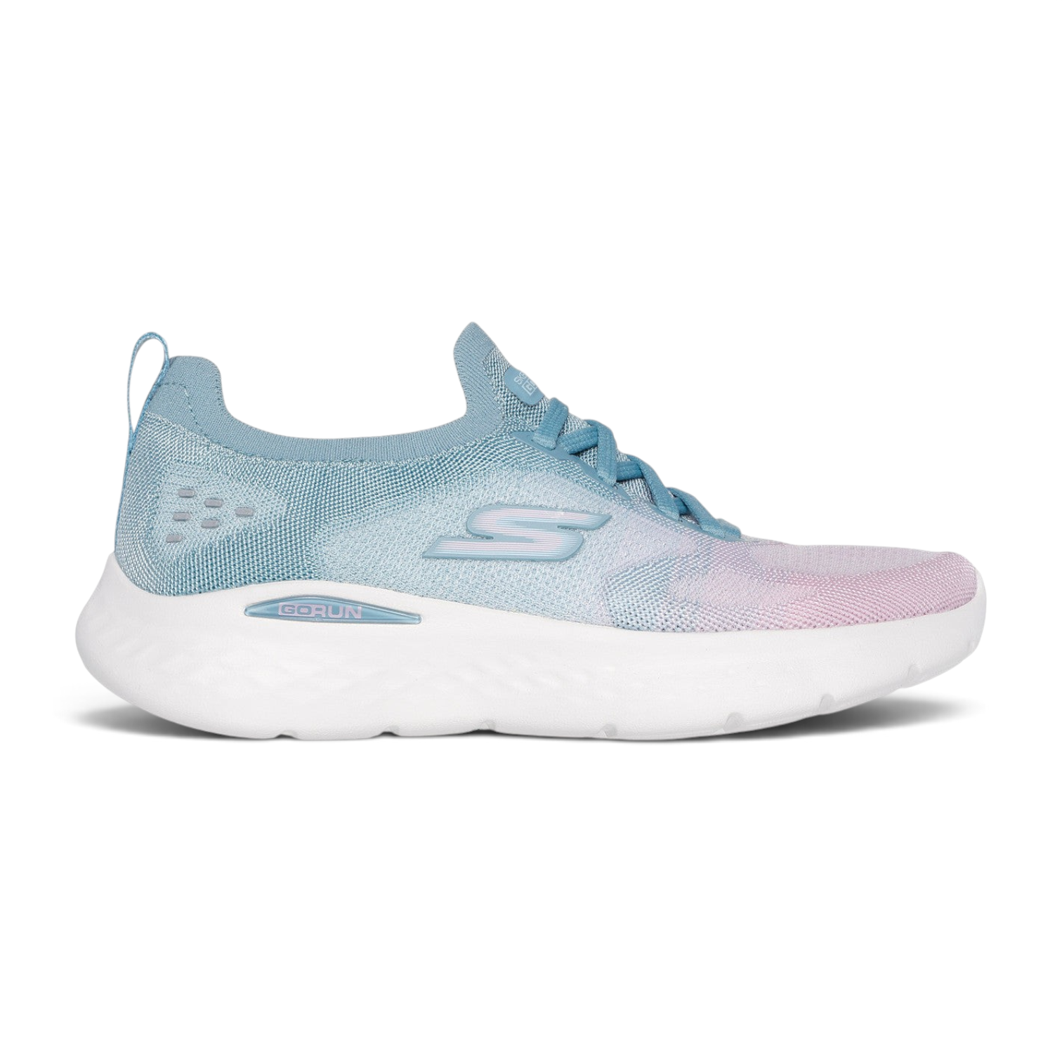 FRG Skechers GO Run Lite running shoe in light blue and pink with breathable mesh and white cushioned sole