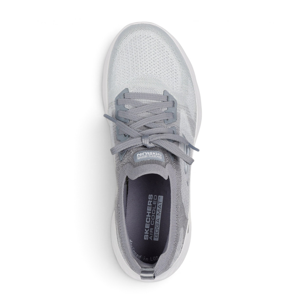 FRG Skechers GO Run Lite light gray breathable running shoe with cushioned Goga Mat insole, top-down view.
