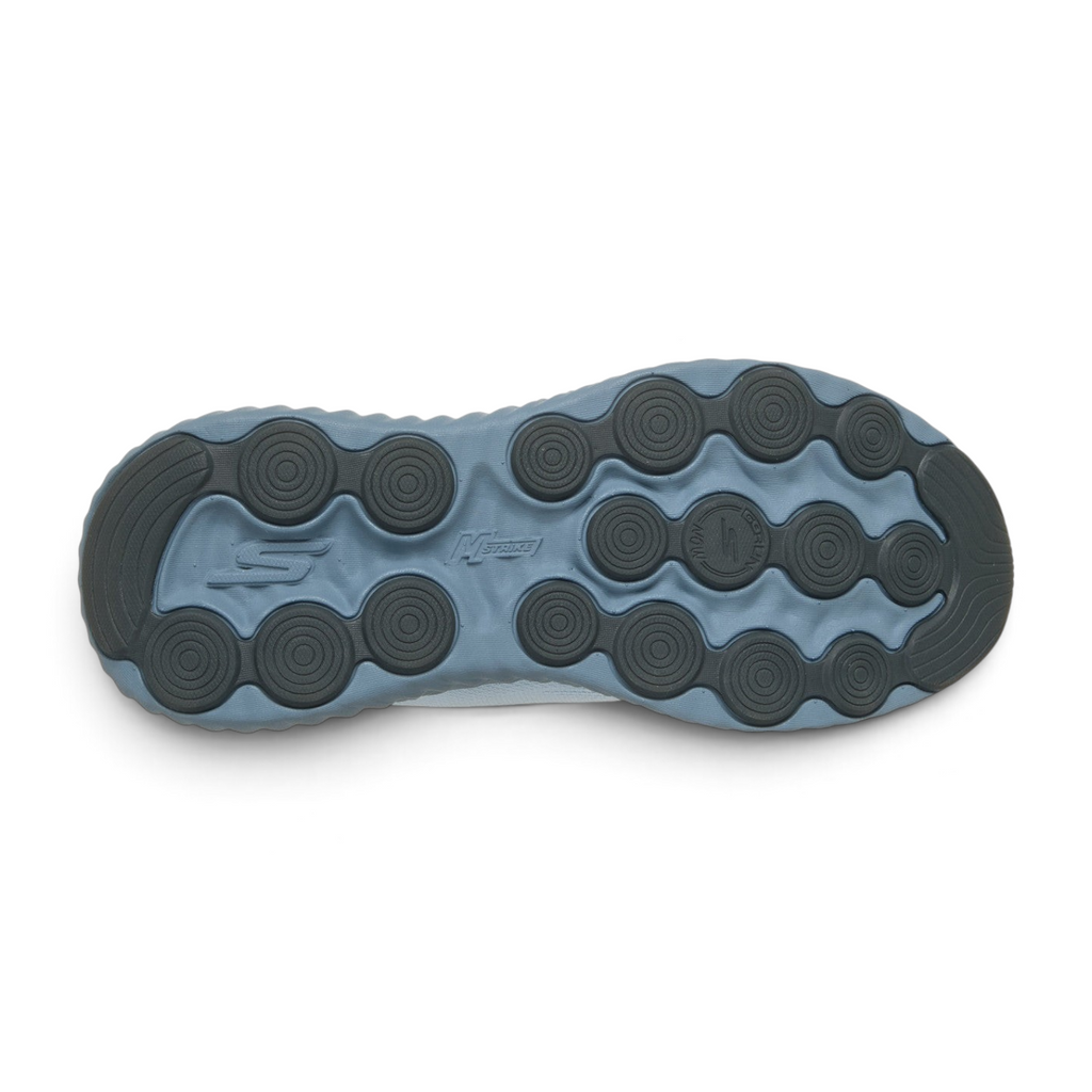 FRG Skechers GO Run Now Regent light blue running shoe outsole with circular traction pods and M-Strike technology