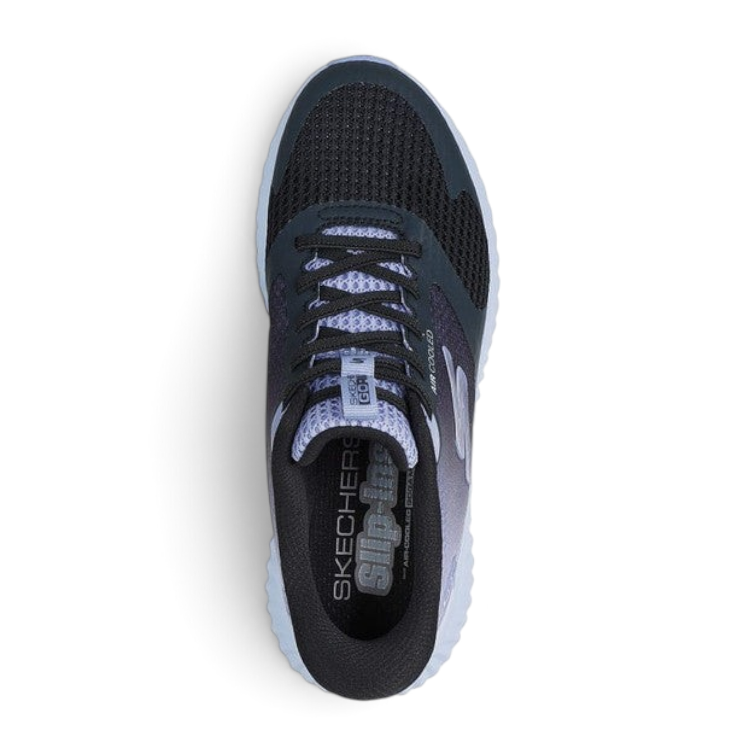 FRG Skechers GO RUN Now Starfuse sneaker in black and lavender with breathable mesh and slip-in design top view