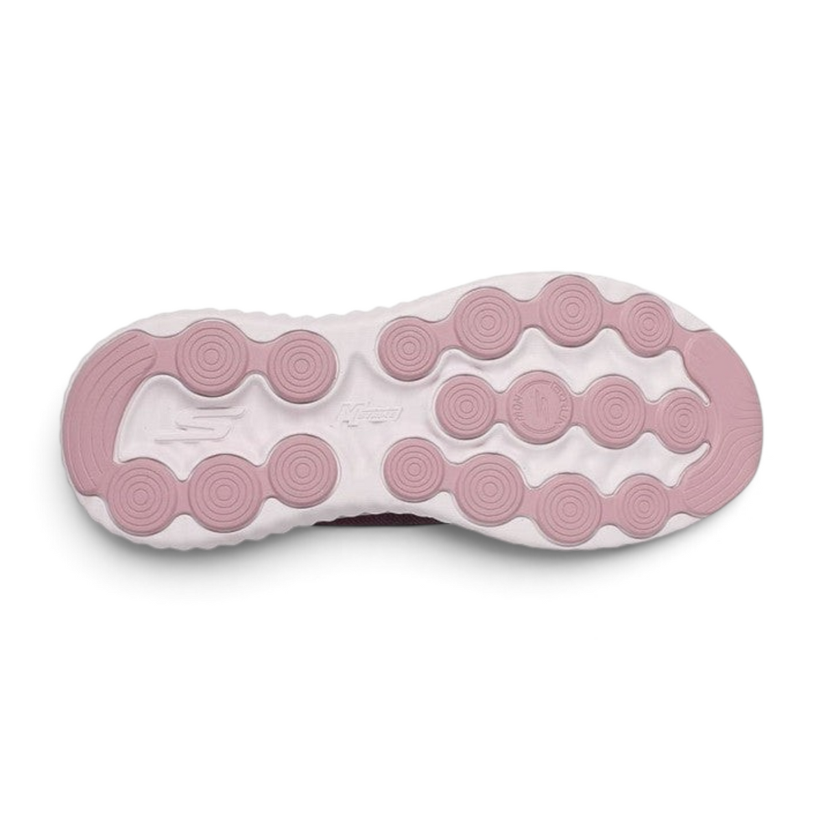 FRG Skechers GO RUN Now Starfuse mauve sneaker showing the patterned white and pink traction outsole