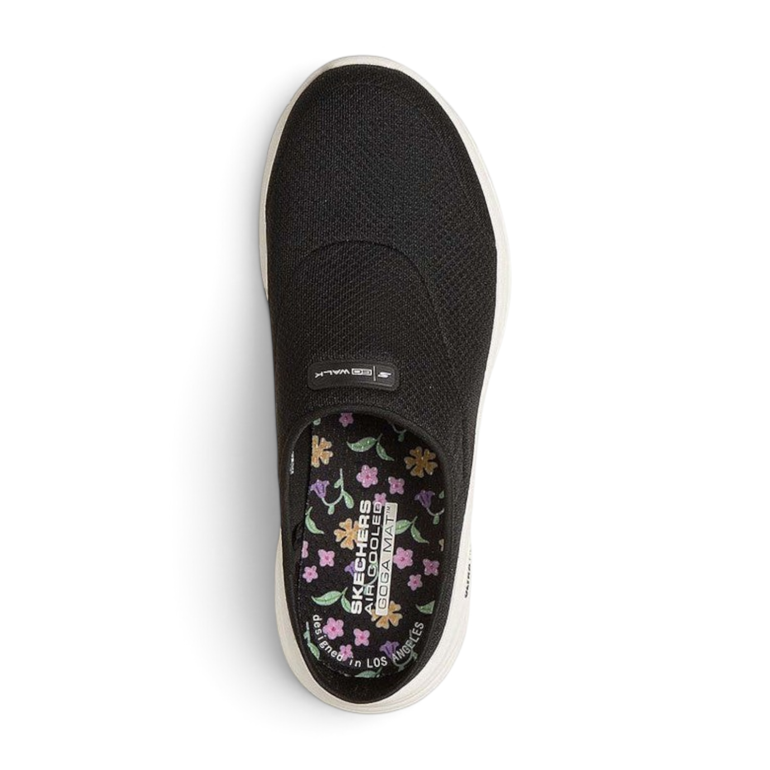 FRG Skechers GO WALK 8 Jackie black vegan open-back slip-on shoe with athletic mesh upper and floral insole