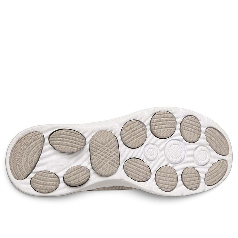 FRG Skechers GO WALK 8 Jackie taupe walking shoe showing the white and taupe Ultra Pillars outsole tread pattern