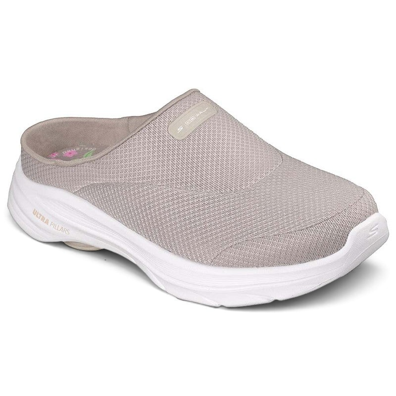 FRG Skechers GO WALK 8 Jackie taupe vegan open-back mule with athletic mesh upper and white cushioned midsole
