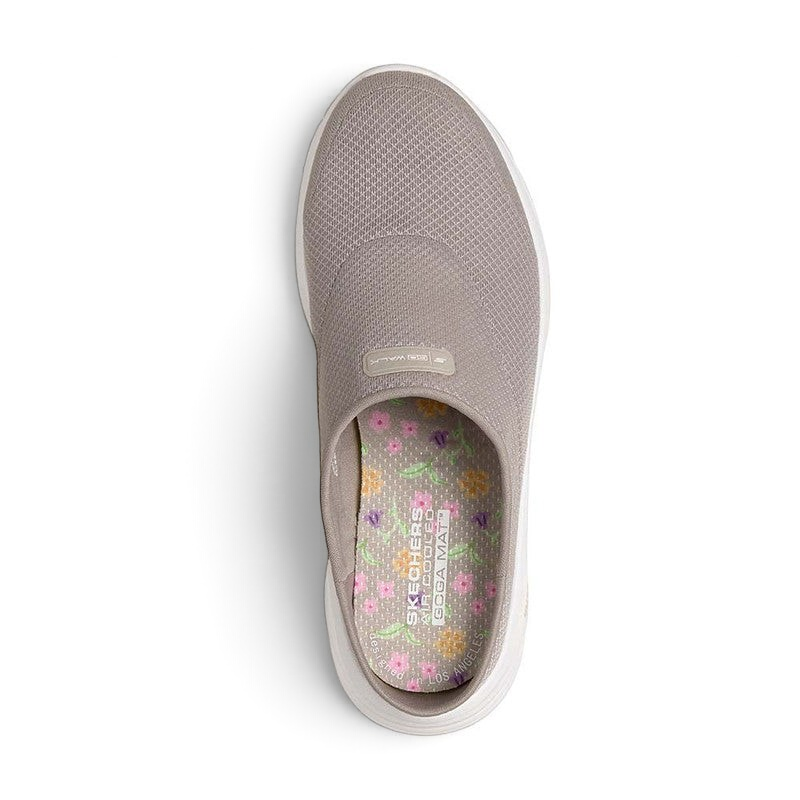 FRG Skechers GO WALK 8 Jackie taupe open-back slip-on shoe with athletic mesh upper and floral Goga Mat insole