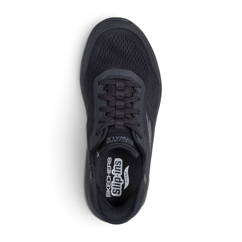 FRG Skechers GO Walk Arch Fit 2.0 Valencia black knit slip-in walking shoe with arch support, top view.