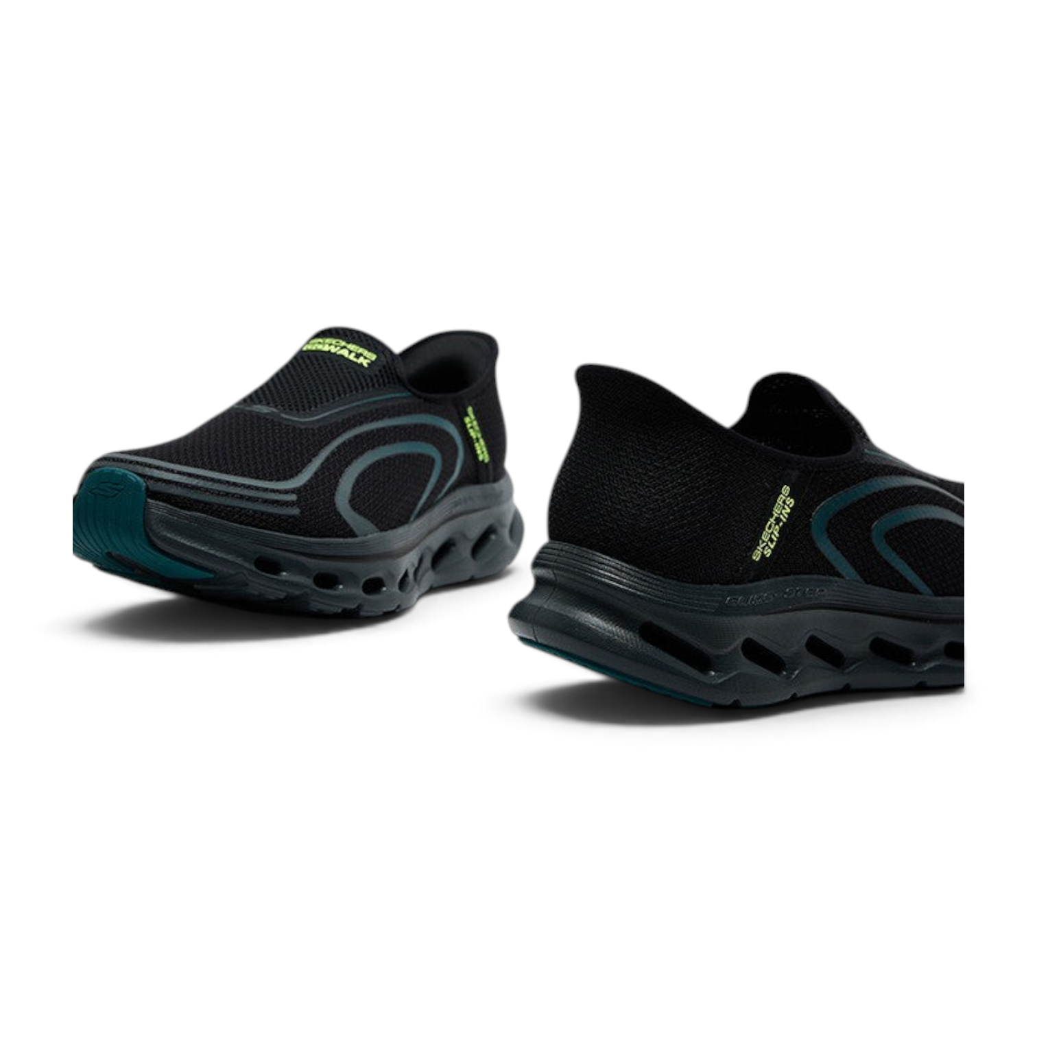 FRG Skechers GO Walk Glide-Step 2.0 black slip-on walking shoes with cushioned soles and neon green accents