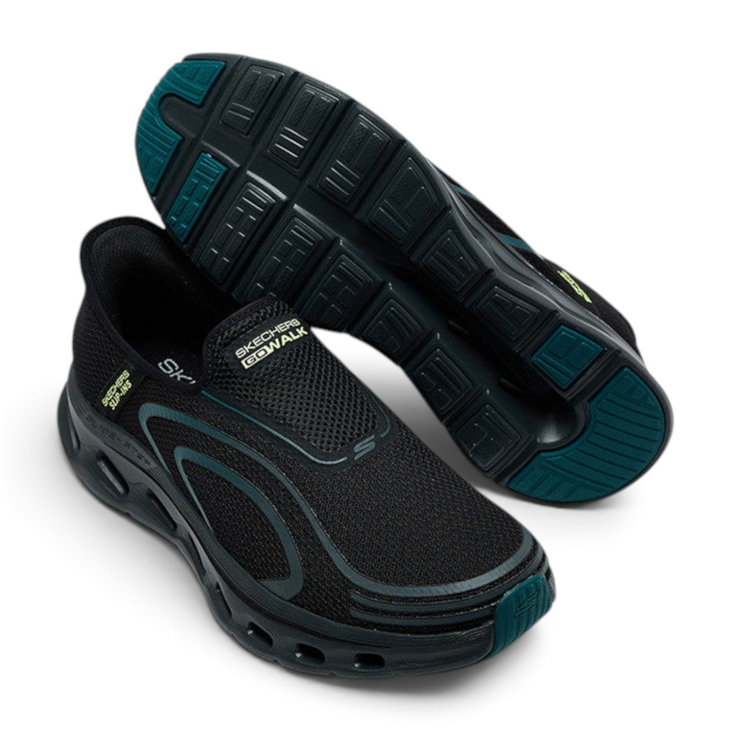 FRG Skechers GO Walk Glide-Step 2.0 black slip-on walking shoes with teal accents and breathable mesh upper