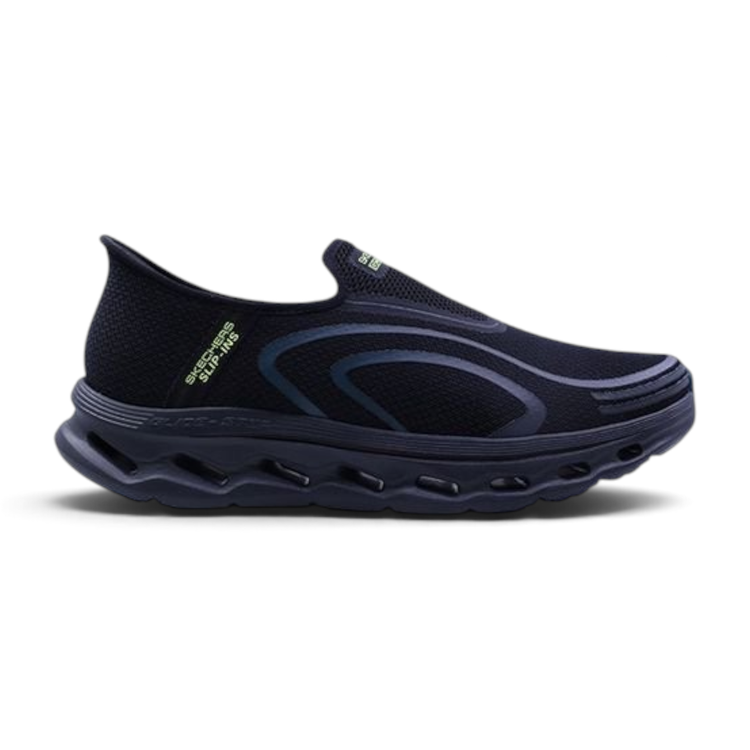 FRG Skechers GO Walk Glide-Step 2.0 black slip-on walking shoe with a cushioned, geometric midsole design.