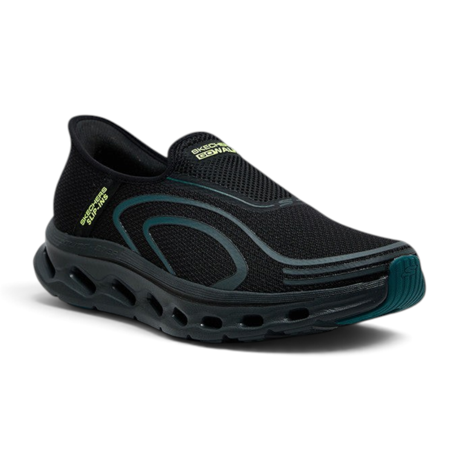 FRG Skechers GO Walk Glide-Step 2.0 black slip-on walking shoe with mesh upper and cushioned geometric sole