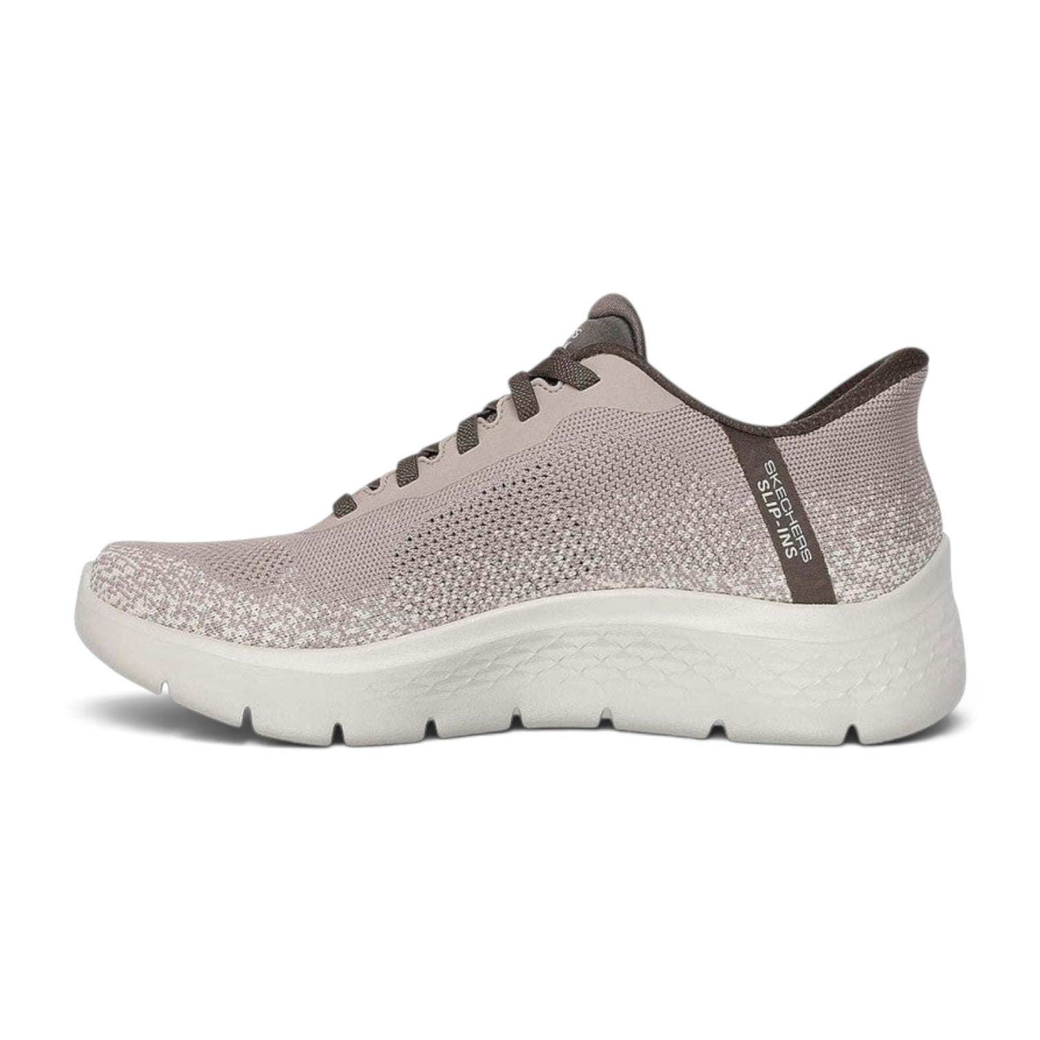 FRG Skechers GO WALK Flex Palomo taupe vegan slip-on sneaker with splatter knit upper and cushioned white midsole