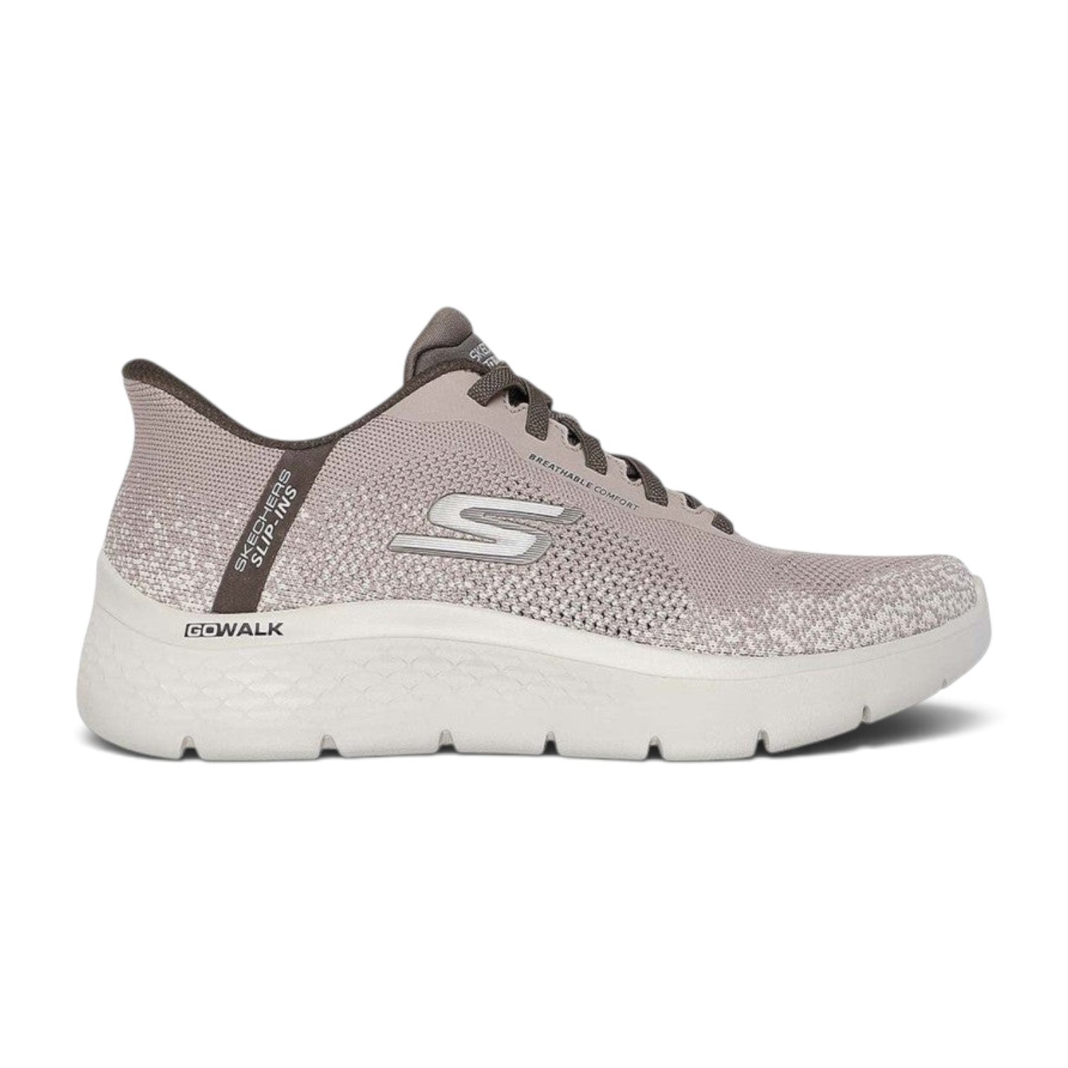 FRG Skechers GO WALK Flex Palomo taupe slip-on sneaker with breathable splatter knit upper and cushioned midsole