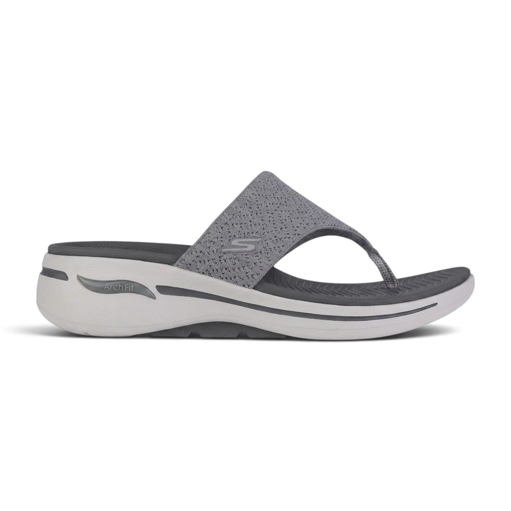 FRG Skechers GO Walk Arch Fit Weekender gray knit thong sandal with cushioned sole and anatomical arch support