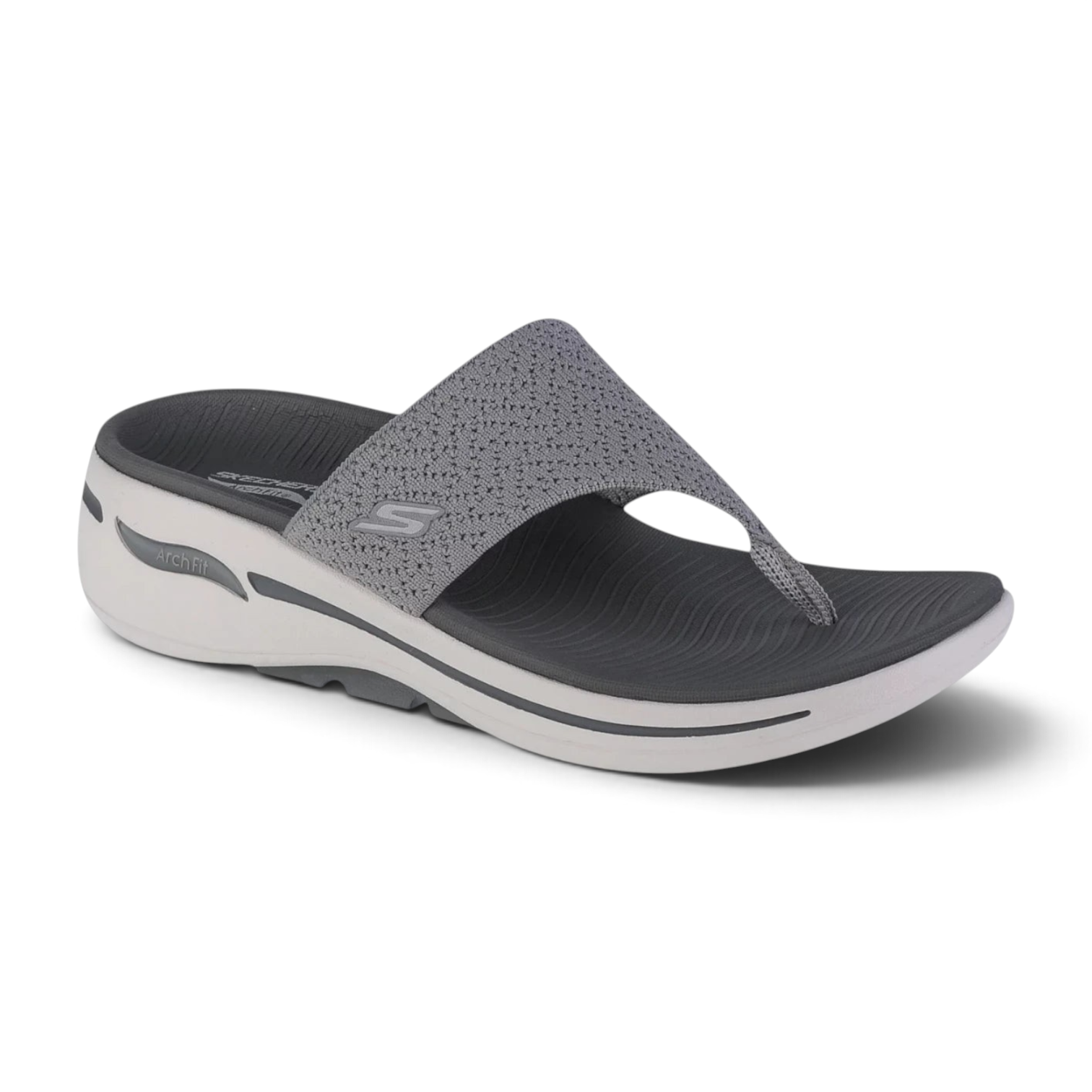 FRG Skechers GO Walk Arch Fit Weekender gray knit thong sandal with anatomical arch support and cushioned sole
